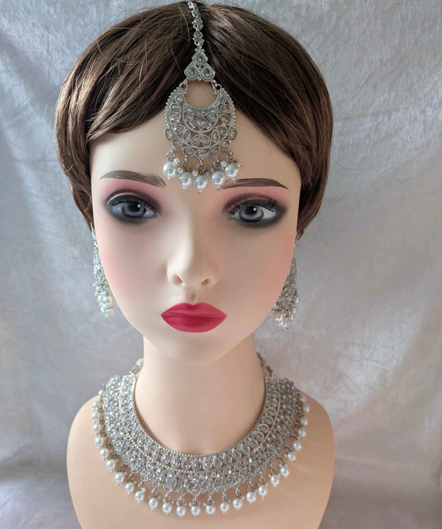 Indian Bridal Pearl Statement Necklace Jewellery Set, Silver Wedding Necklace Set