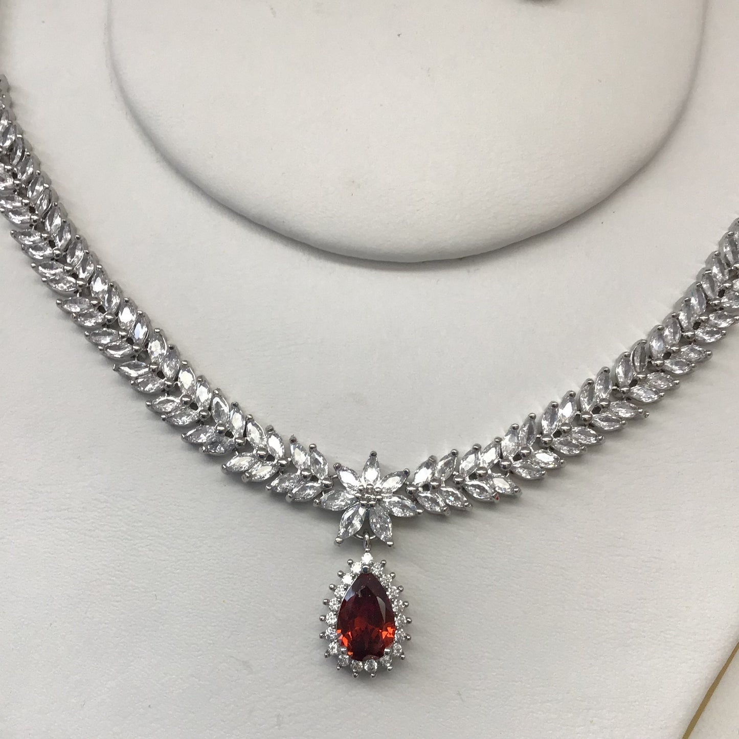 Exclusive Bridal Red CZ Diamond Cubic Zirconia Necklace Jewellery Set