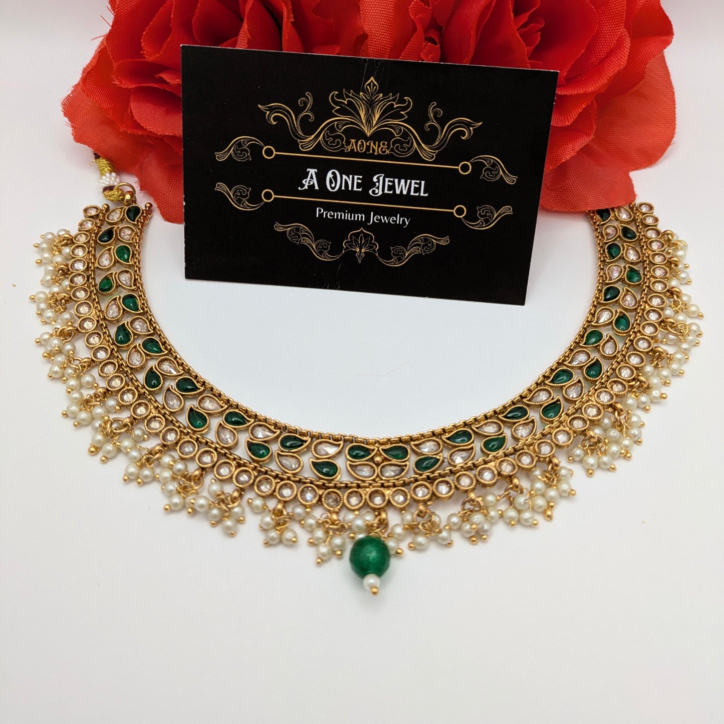 Indian Pakistani Ethnic Pearl Gold Plated Necklace Set