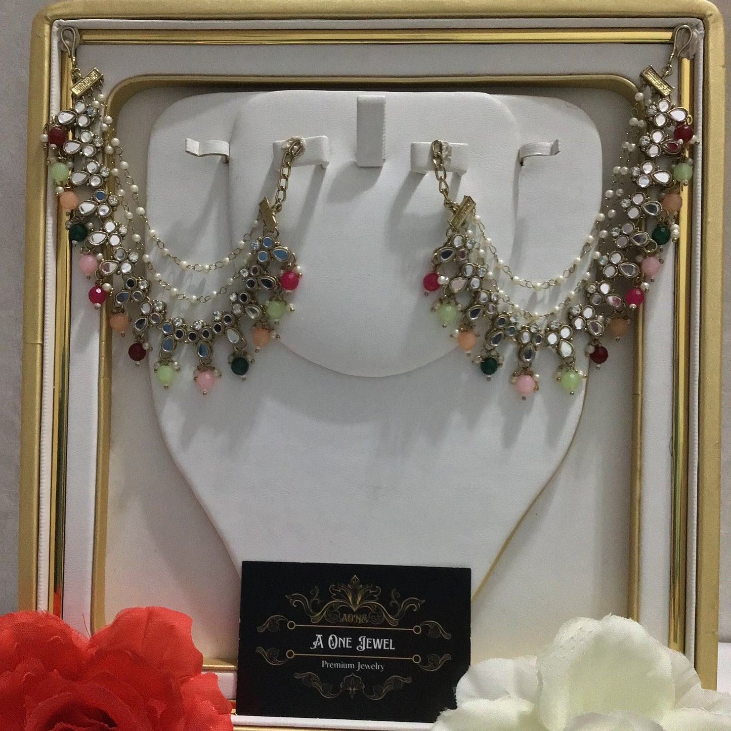 Antique Gold Kundan Mirror Multi Pearl Ear Chain