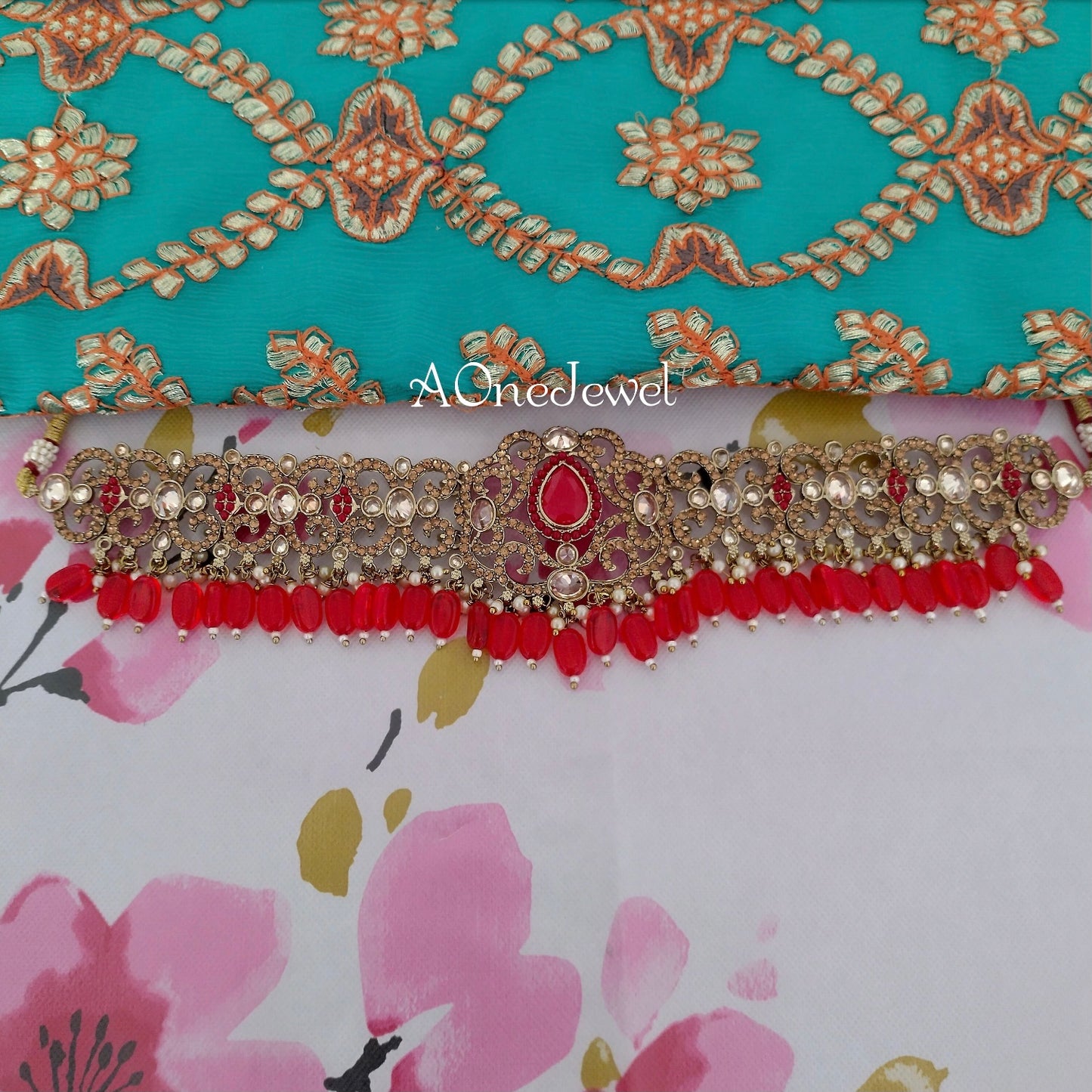 Antique Gold Red Bridal Choker Necklace Earrings Jhoomar Tikka Set
