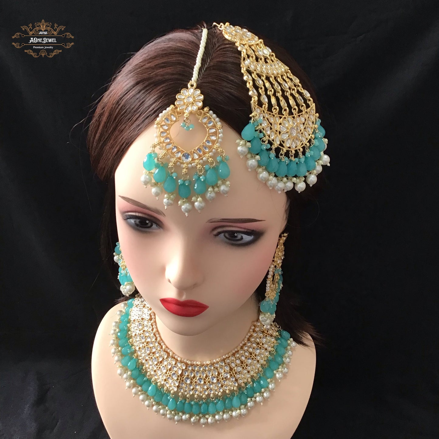 Indian Bridal Baby Blue Necklace Earrings Jhoomar Tikka Set