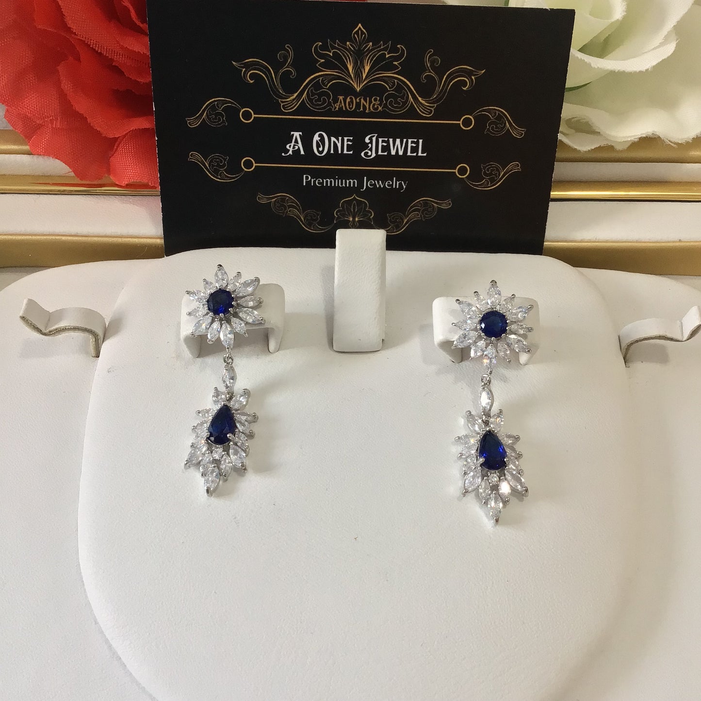 Indian Bridal CZ Diamond Silver Sapphire Necklace Jewellery Set