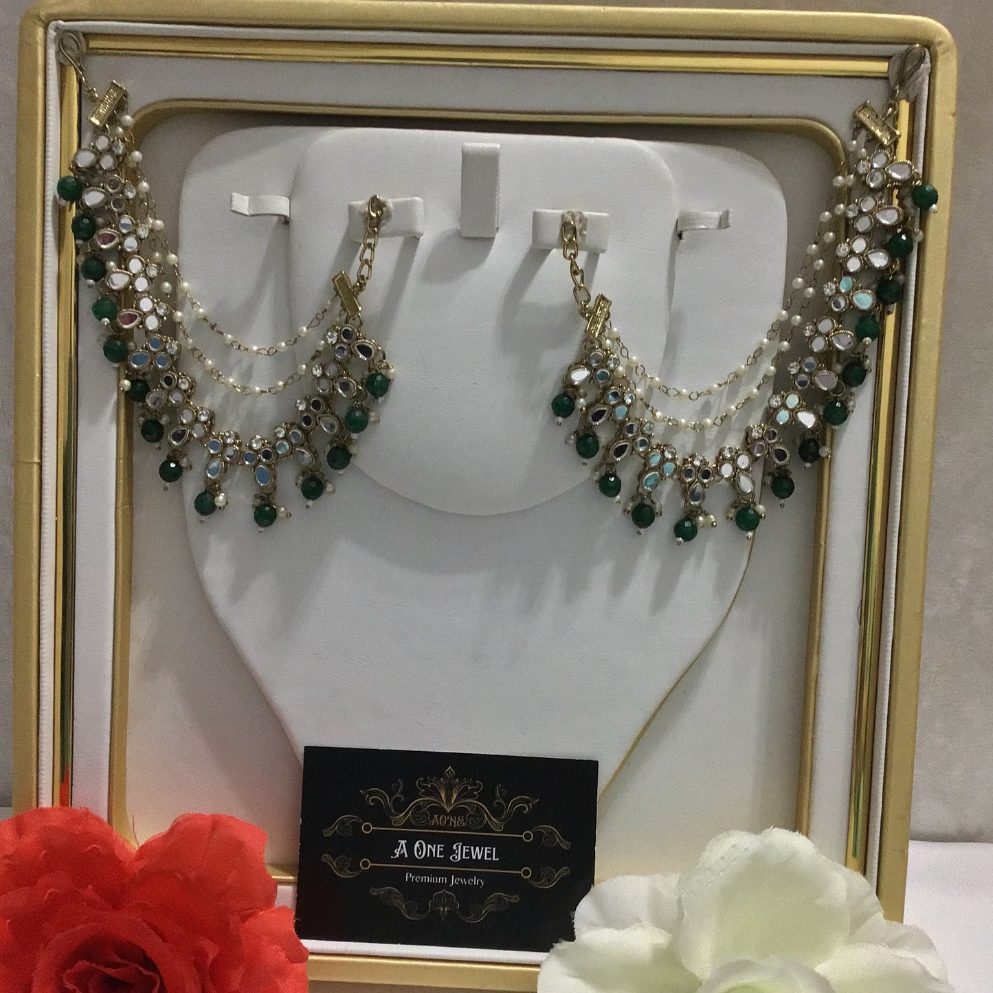 Antique Gold Deep Green Kundan Mirror Pearl Ear Chain