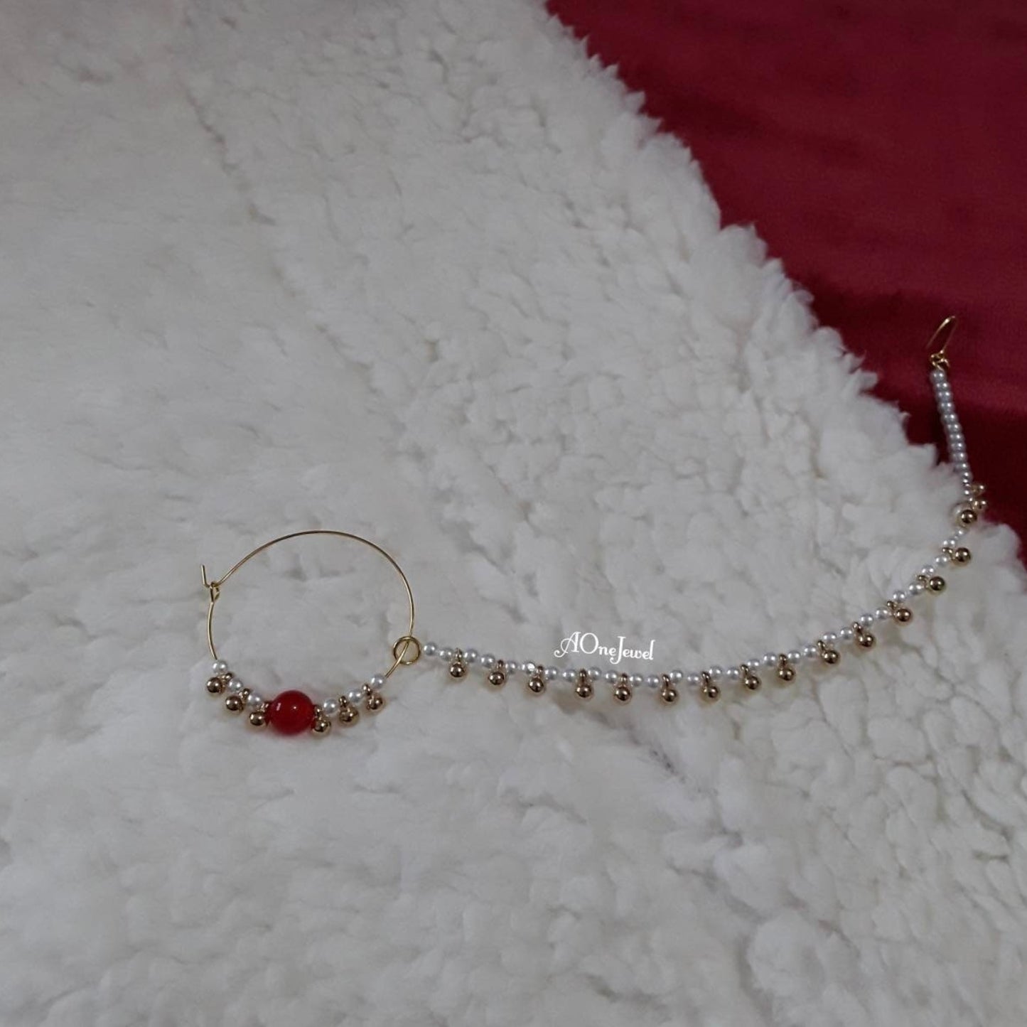 Indian Pearl Nath, Traditional Nose Ring, Pierced Nose Ring, Nose Ring Chain, Red Colour Nathni Jewellery, Nose Hoops, Bridal Nose Ring