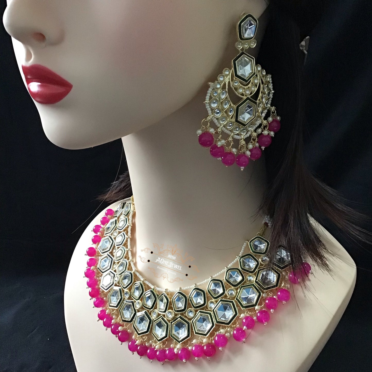 Indian Bridal Pink Necklace Earrings Jhoomar Tikka Set