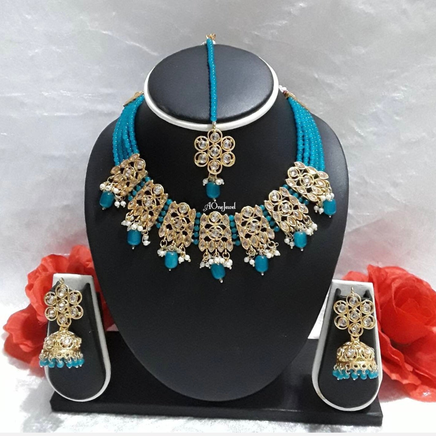 Indian Kundan Pearl Necklace Earrings Set, Gold Plated Wedding Necklace Set, Bridal Jewellery Set, Bridal Necklace Set, Pakistani Jewelry