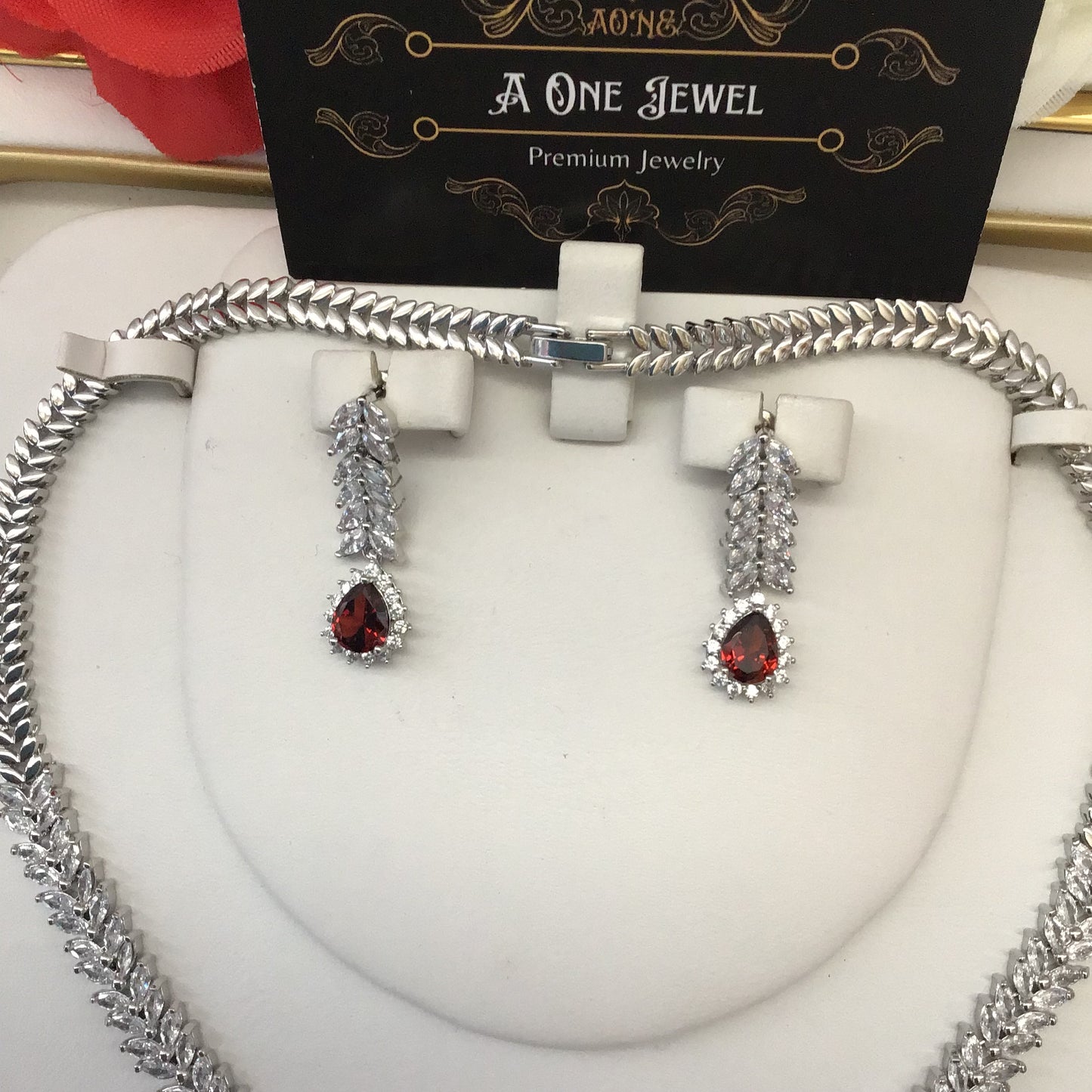 Exclusive Bridal Red CZ Diamond Cubic Zirconia Necklace Jewellery Set