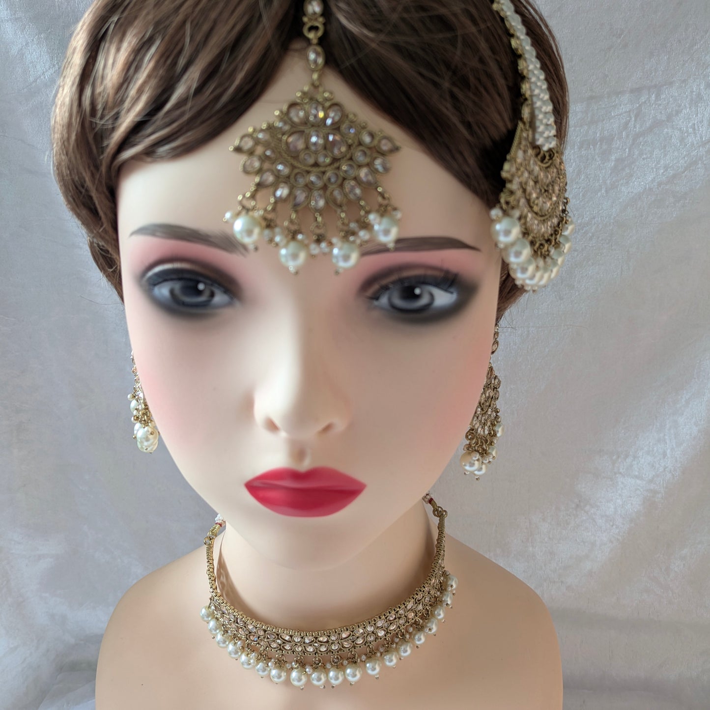 Indian Gold Plated Kundan Choker Earrings Tikka Jhoomar Set