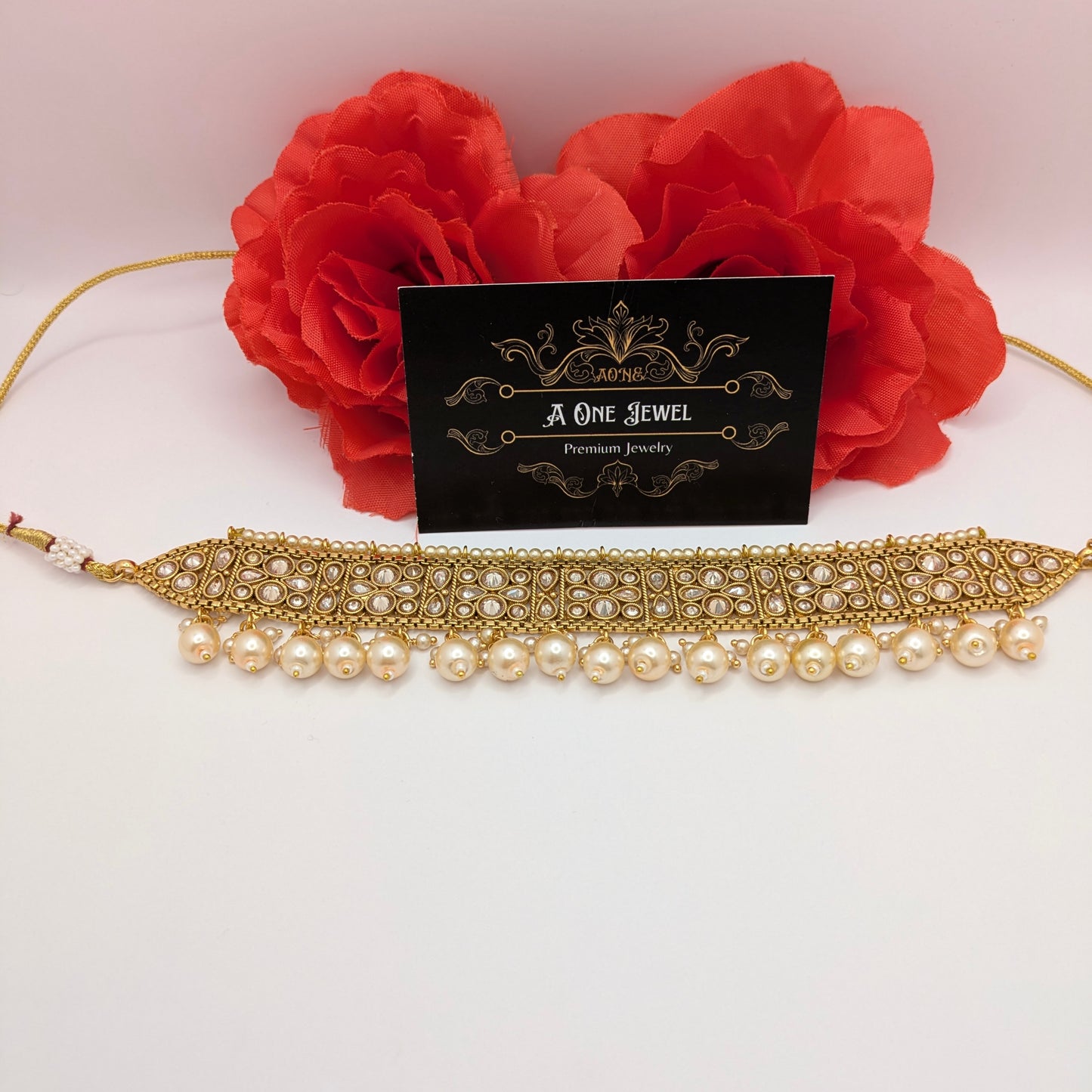 Indian Gold Plated Kundan Choker Earrings and Jhoomar Set