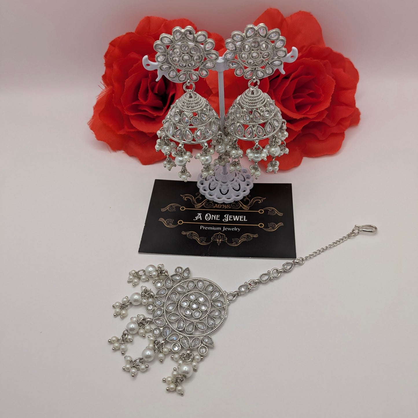 Indian Bridal Pearl Statement Necklace Jewellery Set, Silver Wedding Necklace Set