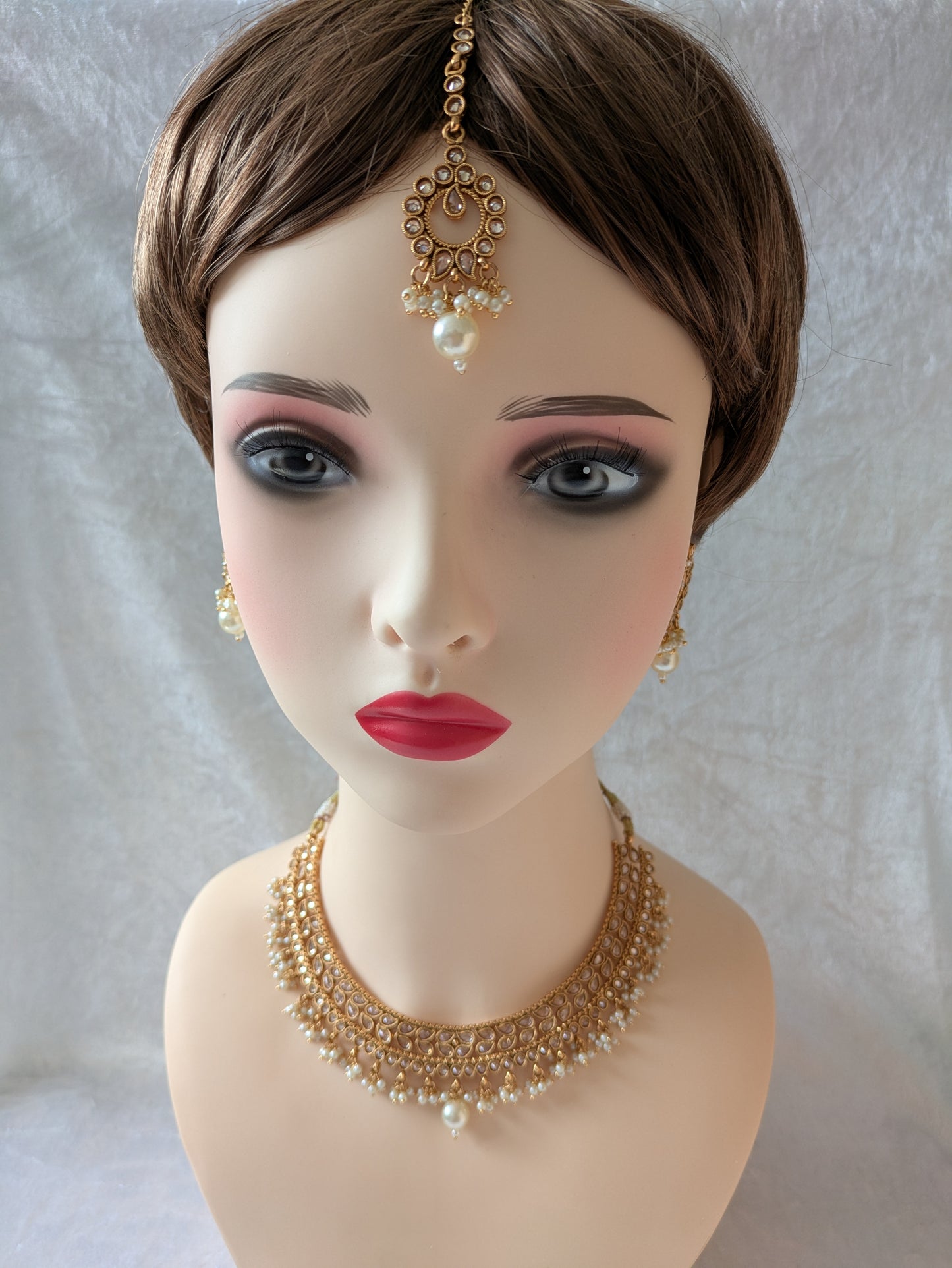 Indian Pakistani Ethnic Pearl Gold Plated Necklace Set