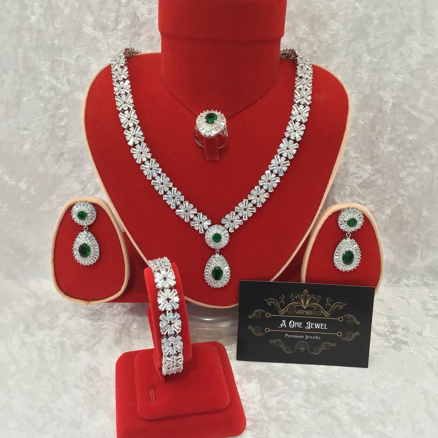 Indian Bridal CZ Diamond Emerald Necklace Earrings Bracelet Ring Set