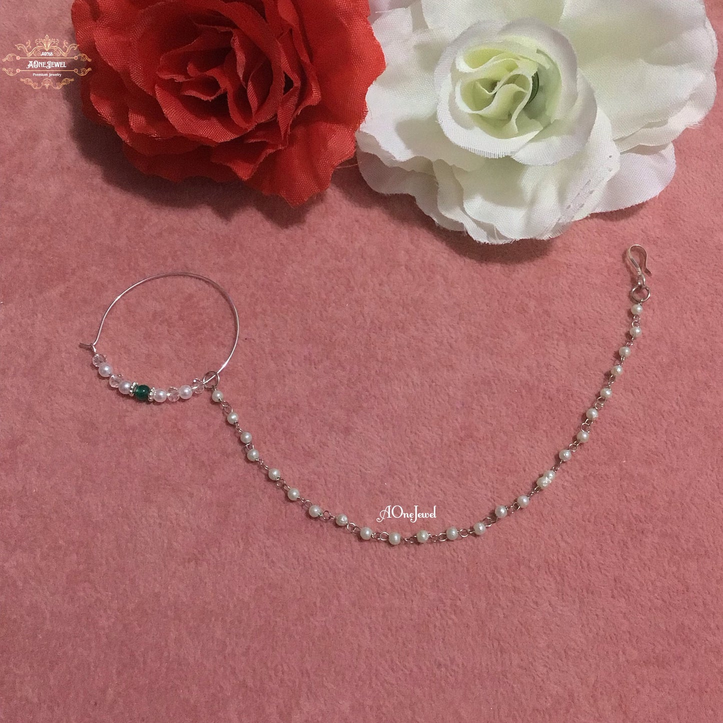 Bridal Green Pearl Nath, Nose Ring