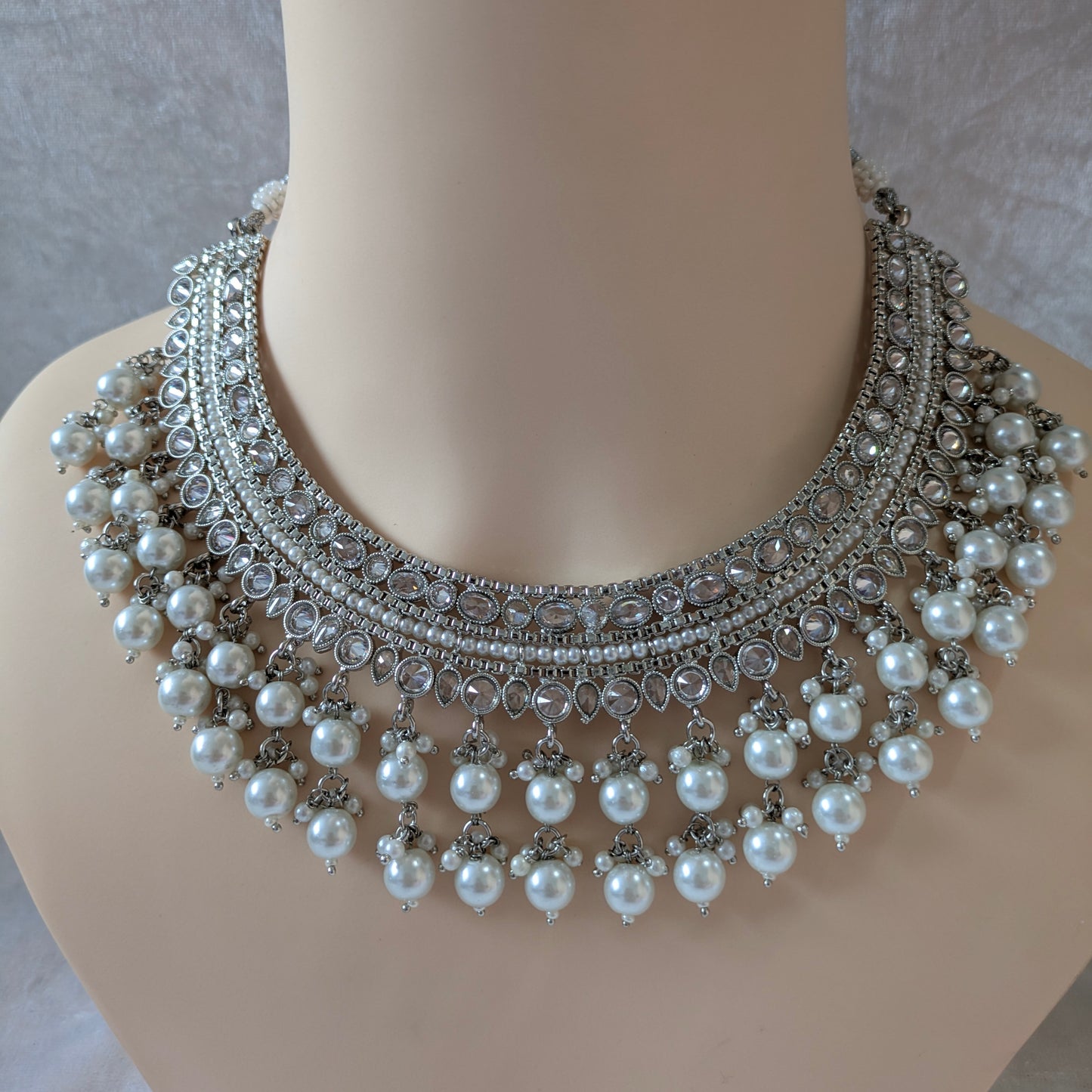 Indian Bridal Pearl Statement Necklace Jewellery Set, Silver Wedding Necklace Set