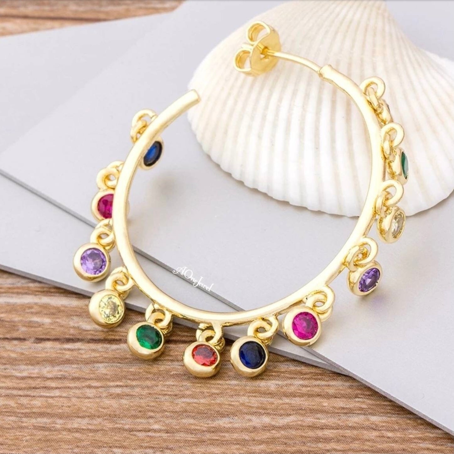 18K Gold Plated Rainbow CZ Hoop Earrings