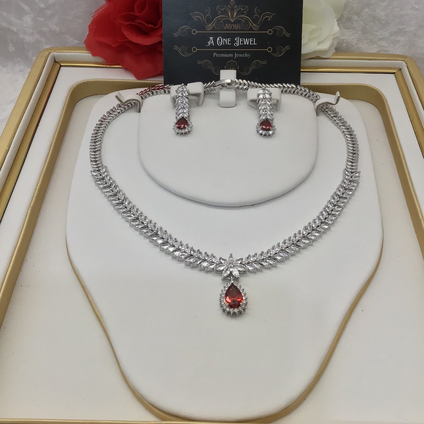 Exclusive Bridal Red CZ Diamond Cubic Zirconia Necklace Jewellery Set