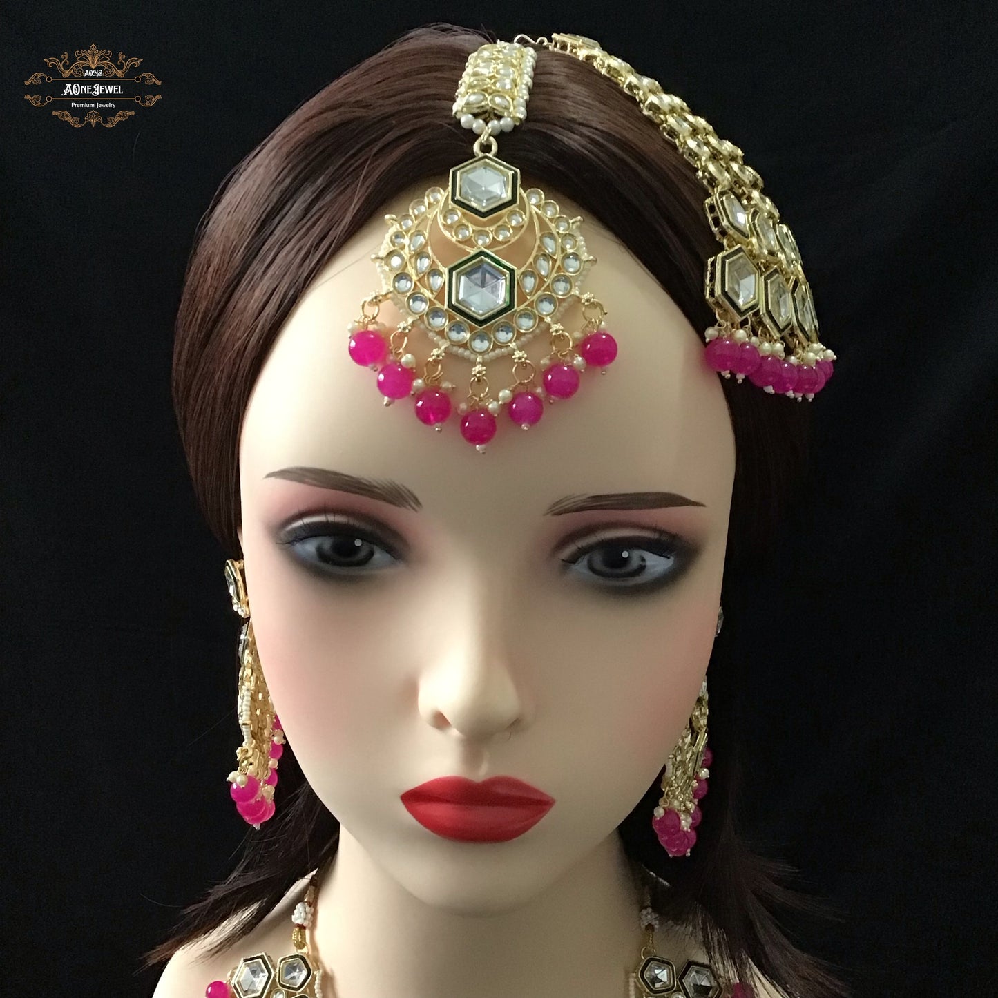 Indian Bridal Pink Necklace Earrings Jhoomar Tikka Set