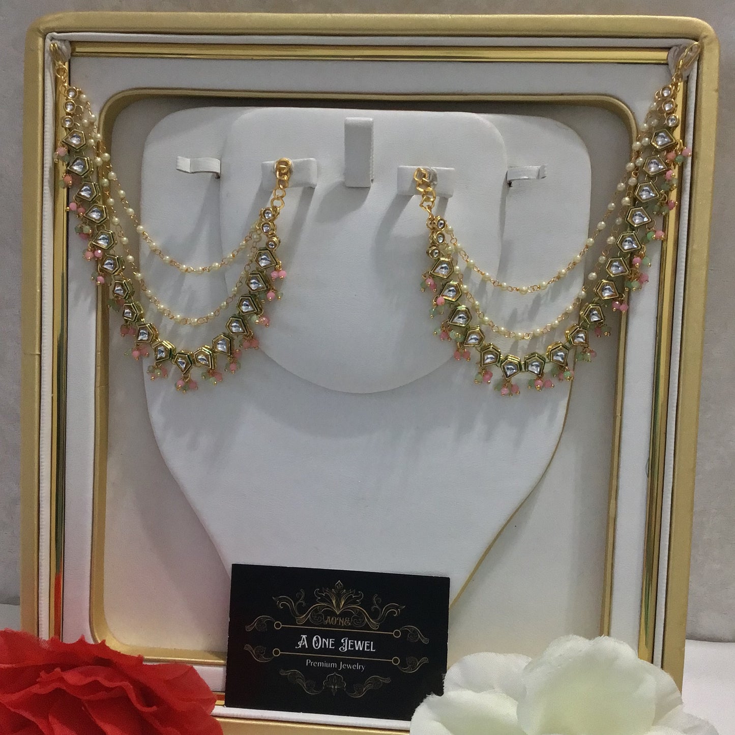 Sahara For Earrings, Gold Kundan Ear Chain, Ear Support