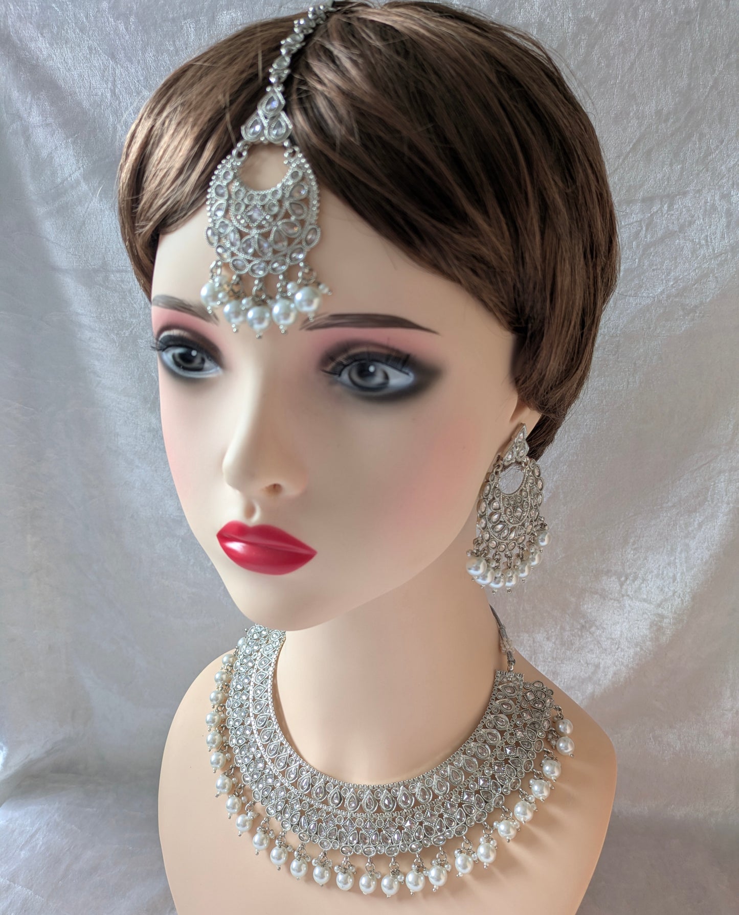 Indian Bridal Pearl Statement Necklace Jewellery Set, Silver Wedding Necklace Set