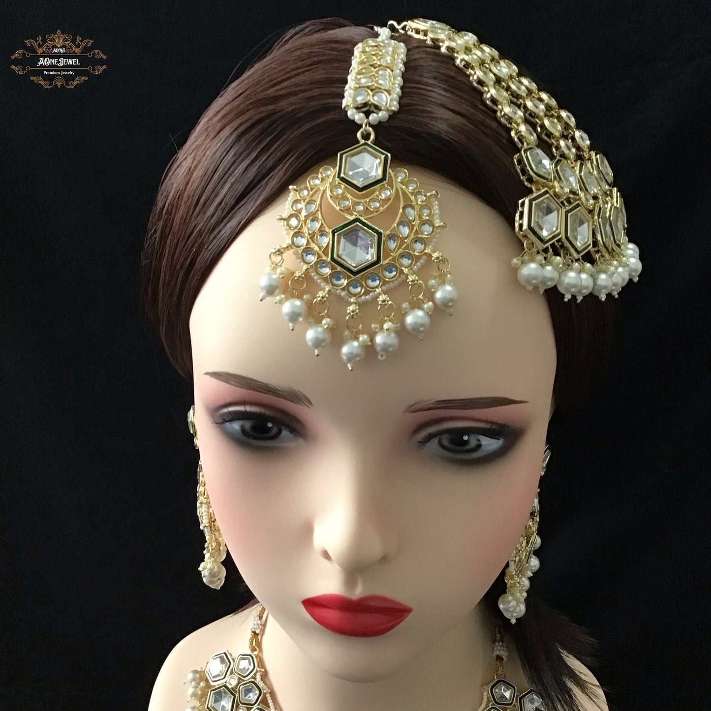 Indian Bridal Ivory Pearls Necklace Earrings Jhoomar Tikka Set