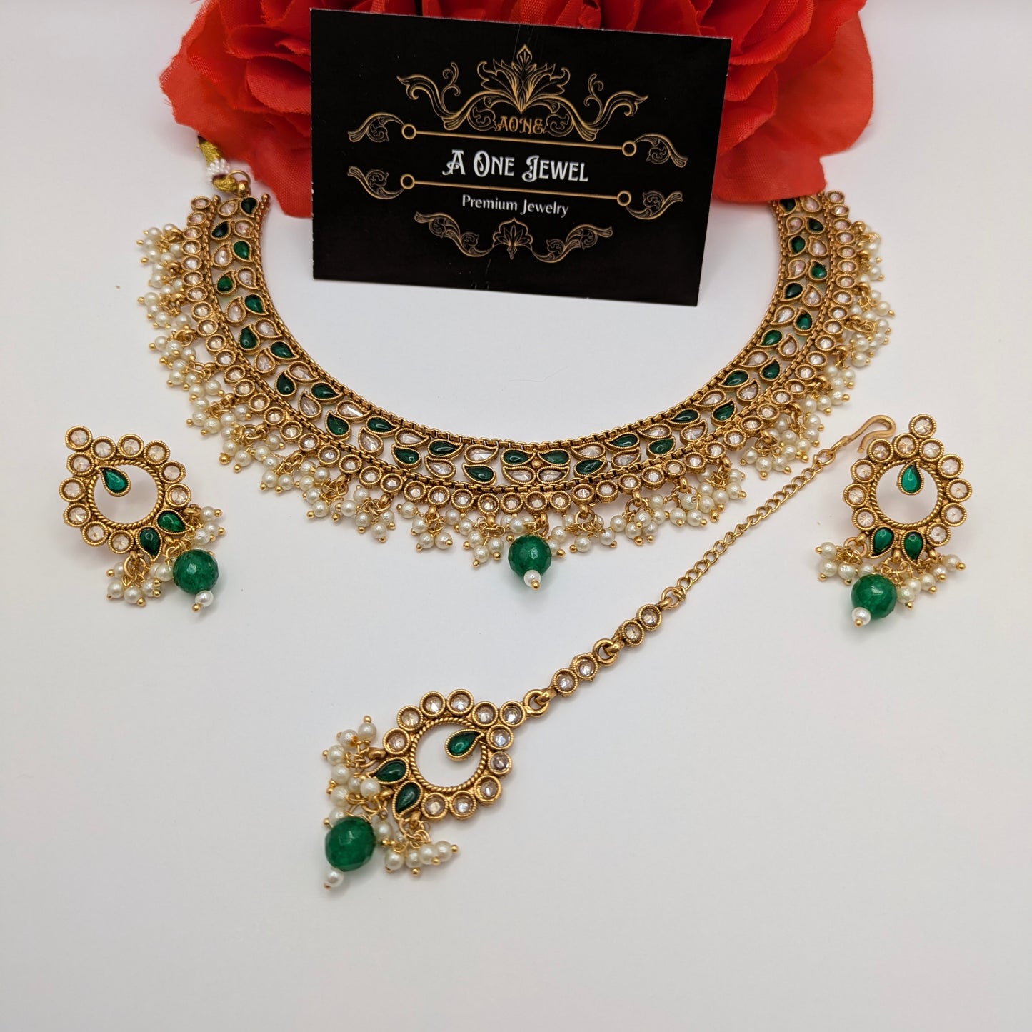 Indian Pakistani Ethnic Pearl Gold Plated Necklace Set