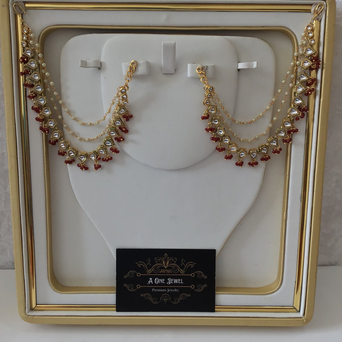 Sahara For Earrings, Gold Maroon Kundan Ear Chain, Ear Support