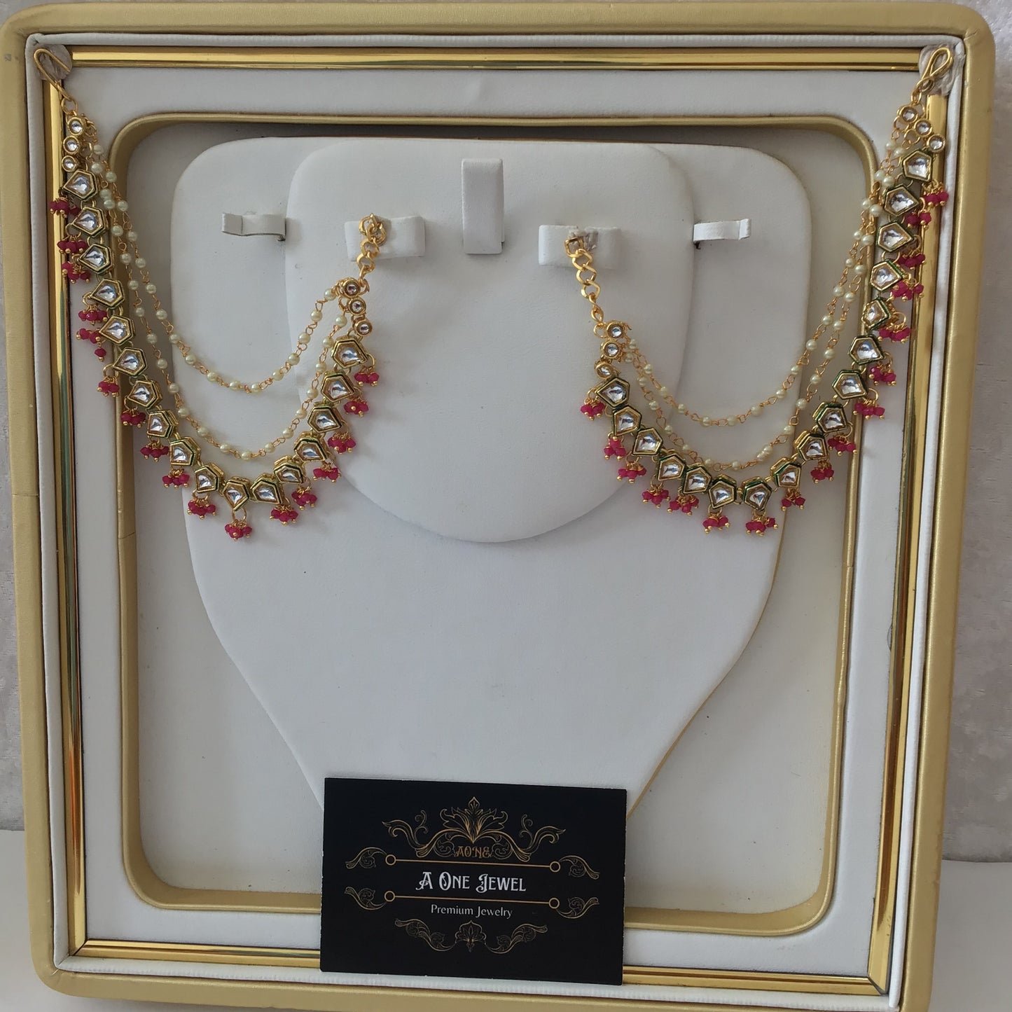 Sahara For Earrings, Gold Shoking Pink Kundan Ear Chain, Ear Support