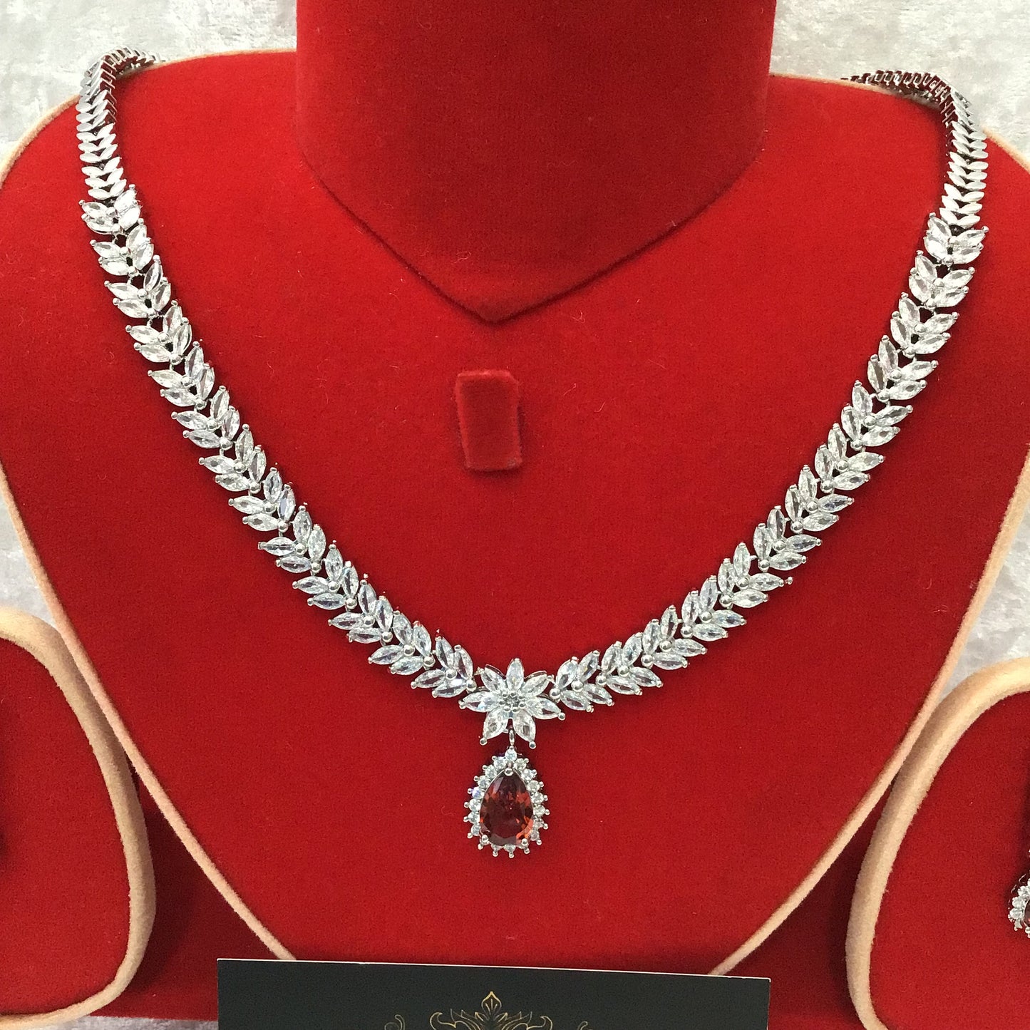Exclusive Bridal Red CZ Diamond Cubic Zirconia Necklace Jewellery Set