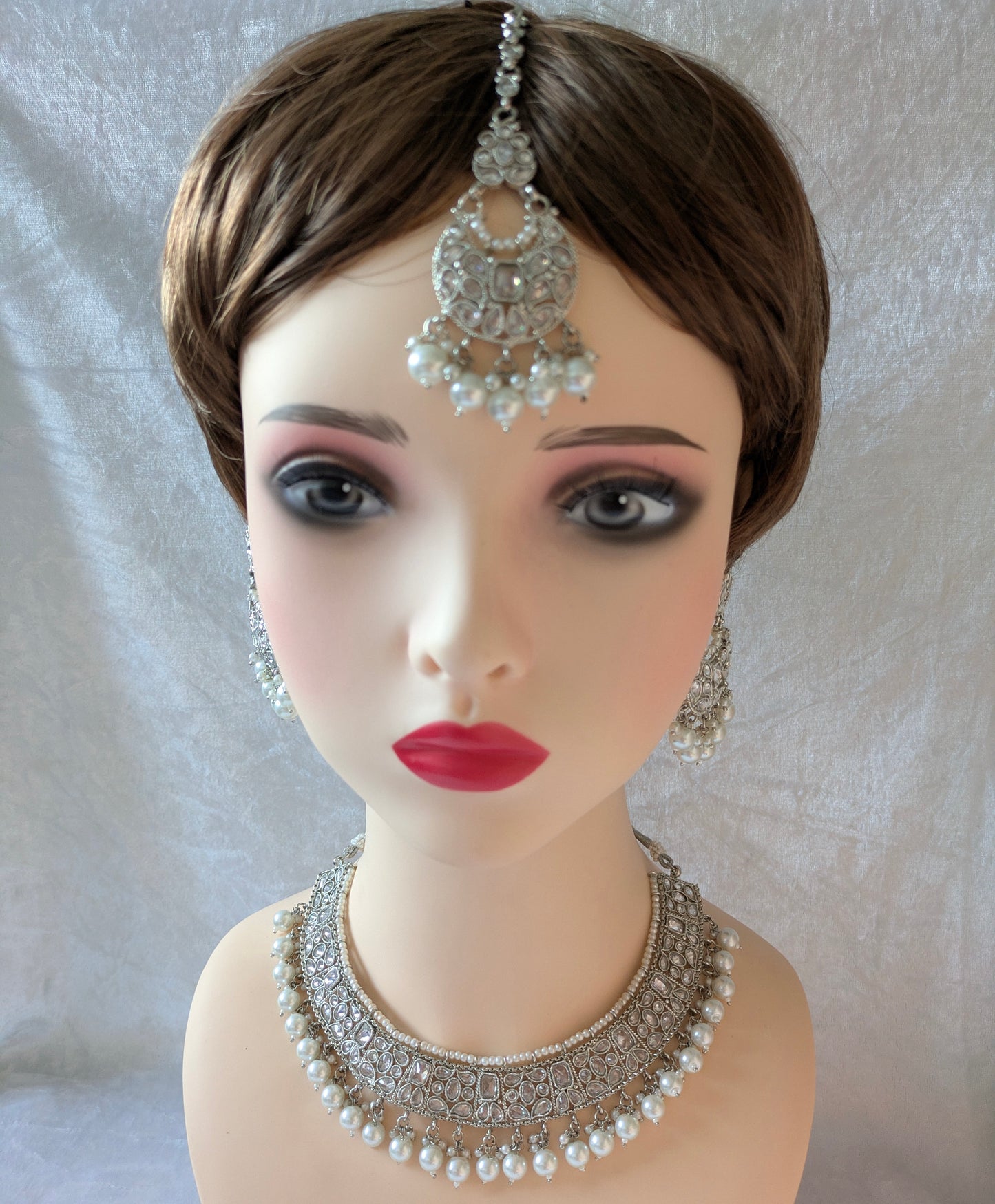 Indian Bridal Pearl Statement Necklace Jewellery Set, Silver Wedding Necklace Set