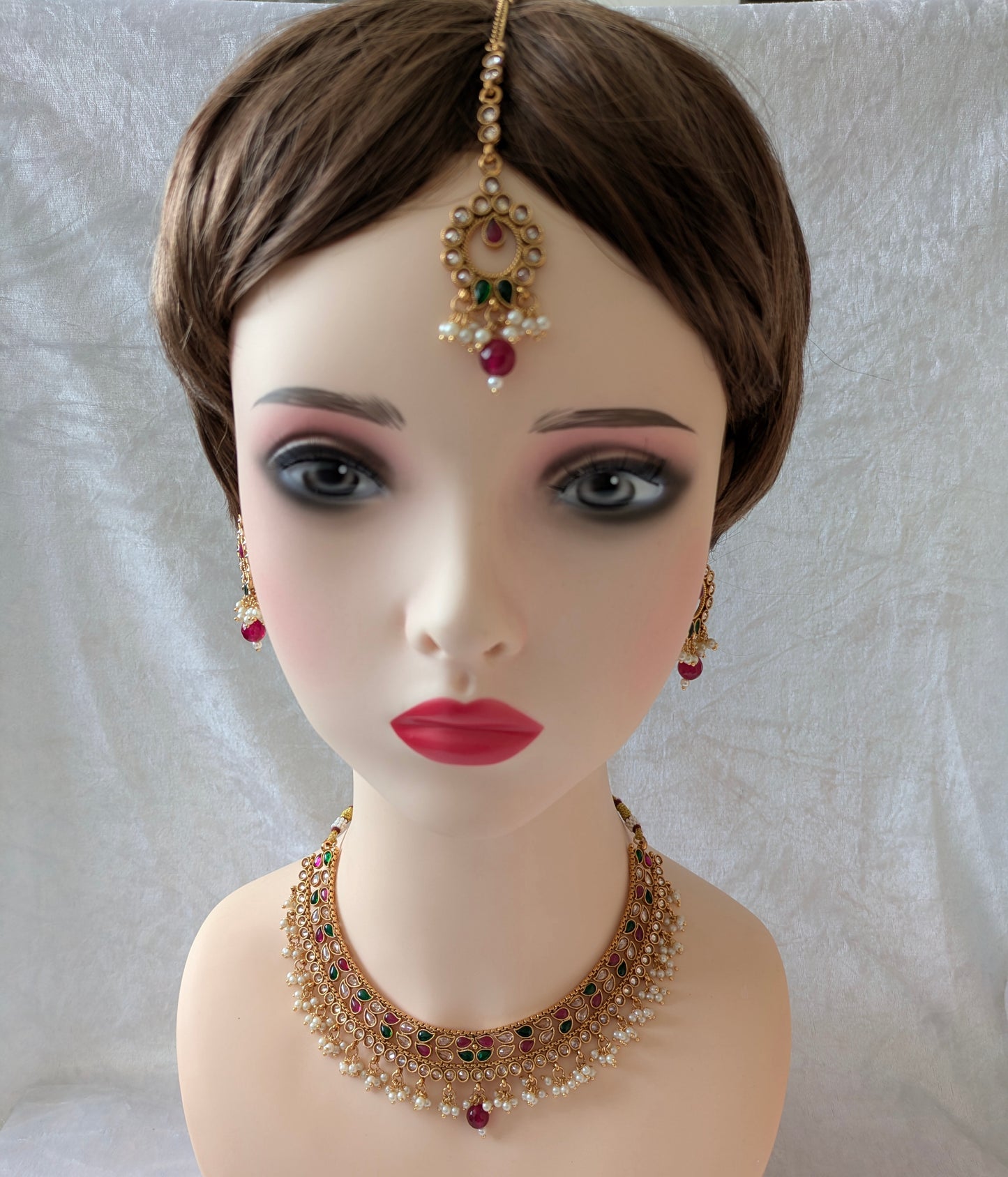 Indian Pakistani Ethnic Pearl Gold Plated Necklace Set