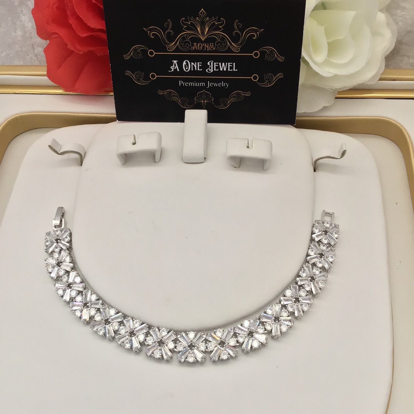 Indian Bridal CZ Diamond Sapphire Necklace Earrings Bracelet Ring Set