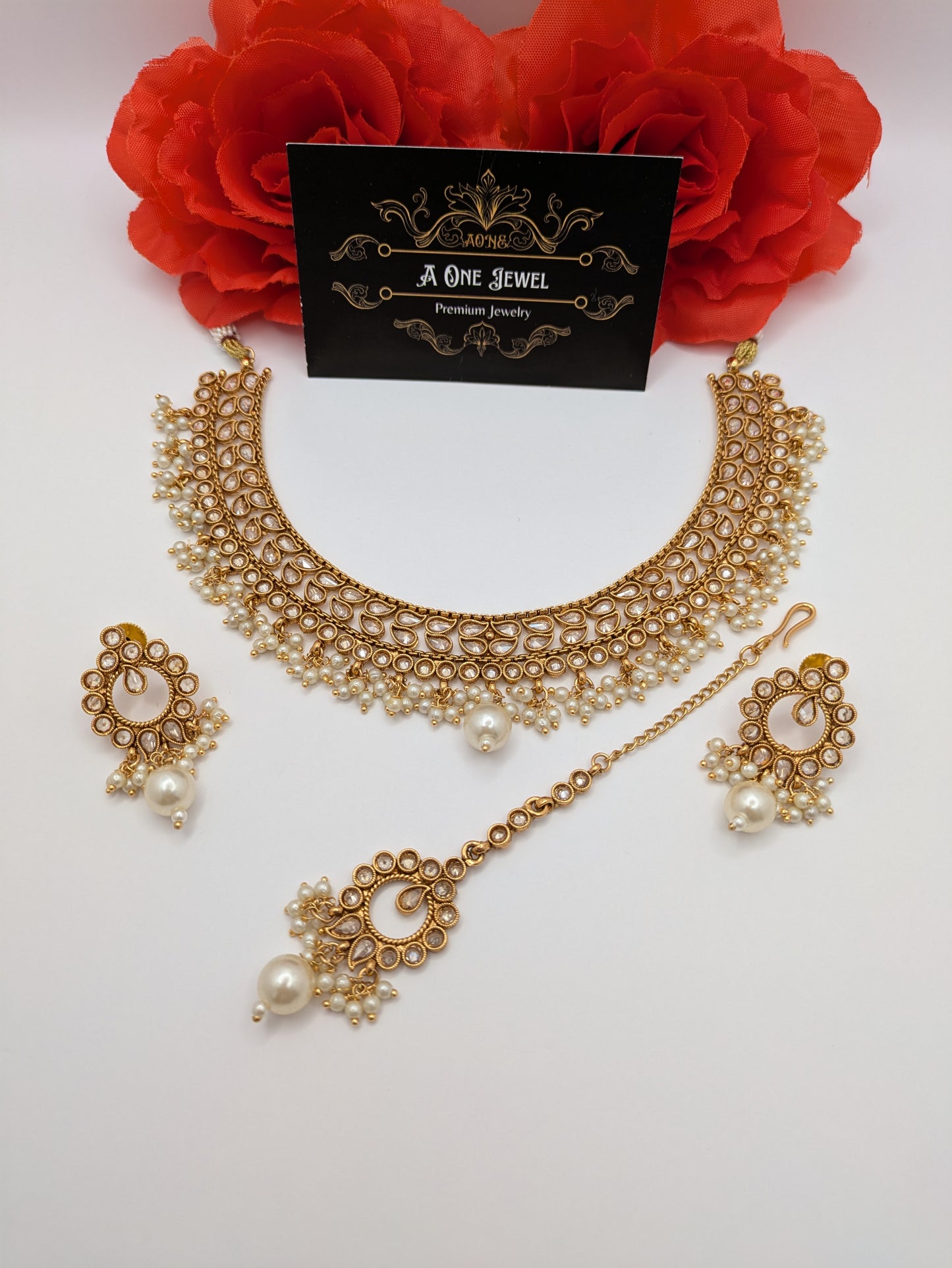 Indian Pakistani Ethnic Pearl Gold Plated Necklace Set