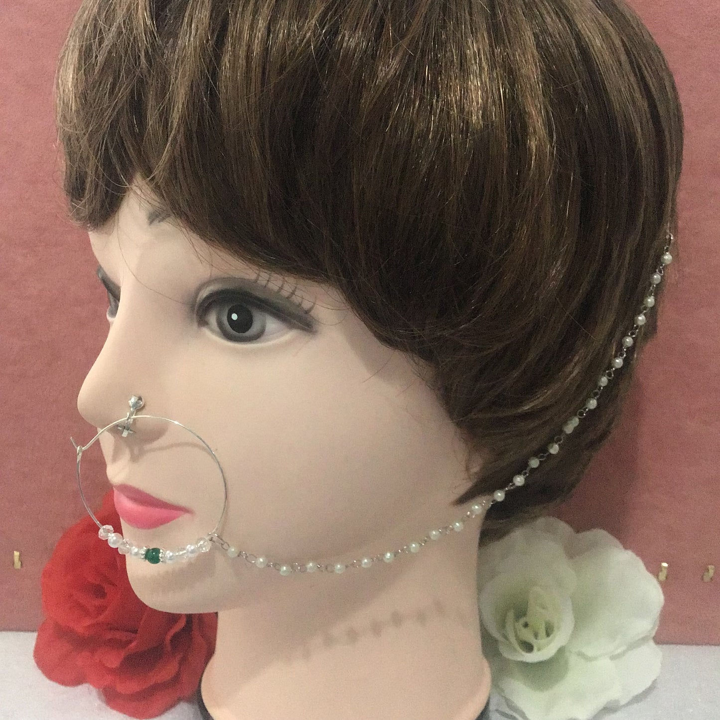 Bridal Green Pearl Nath, Nose Ring