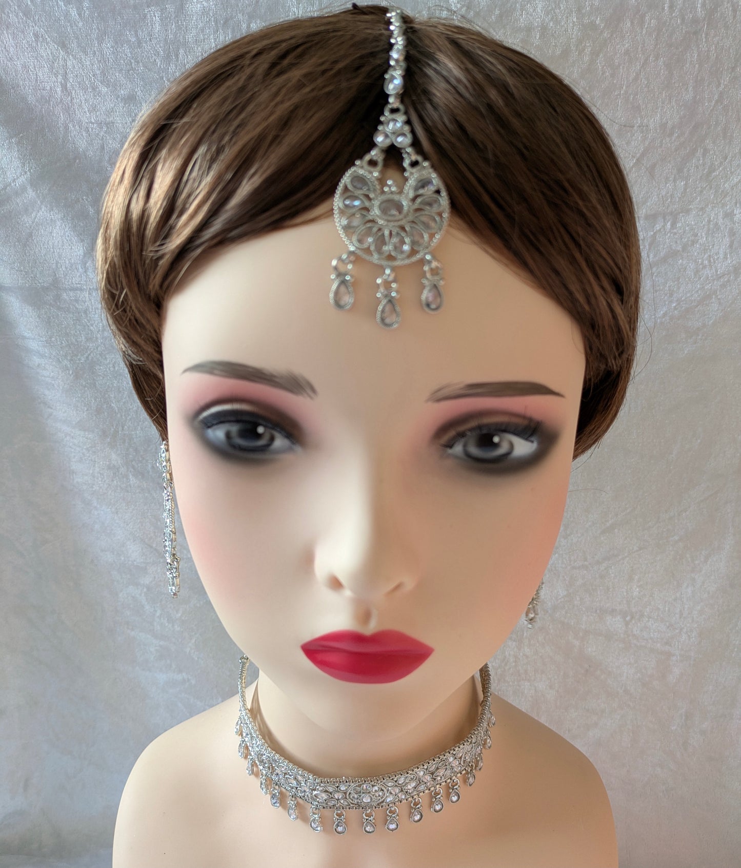 Indian Bridal Pearl Choker Necklace Jewellery Set, Silver Wedding Necklace Set