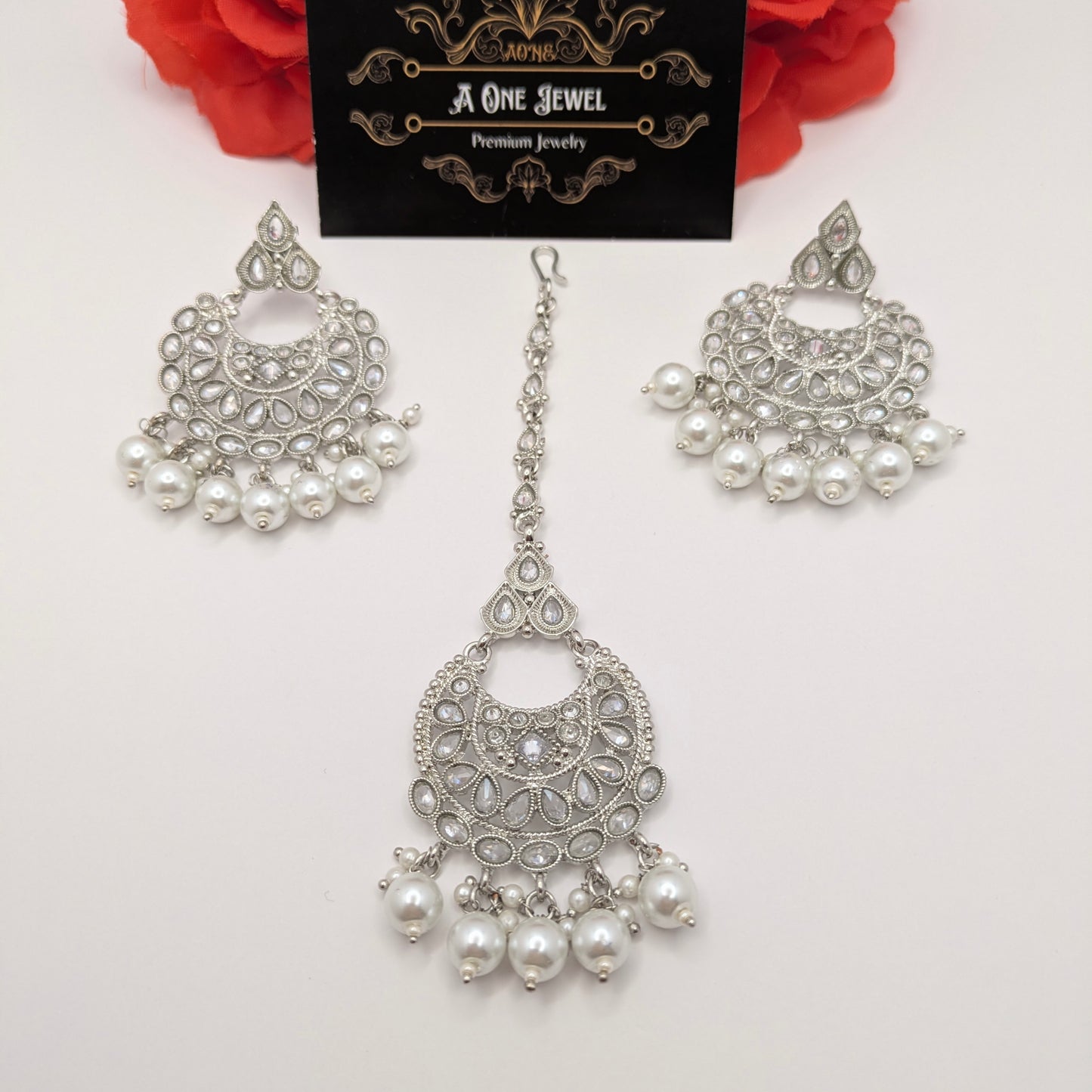 Indian Bridal Pearl Statement Necklace Jewellery Set, Silver Wedding Necklace Set