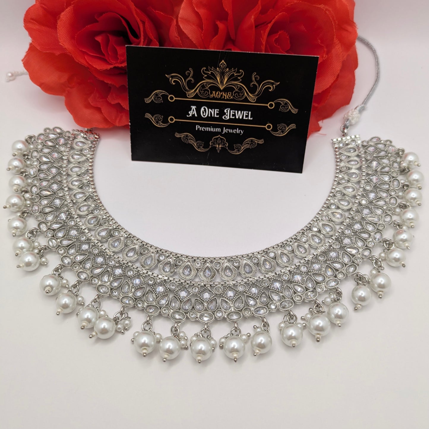 Indian Bridal Pearl Statement Necklace Jewellery Set, Silver Wedding Necklace Set