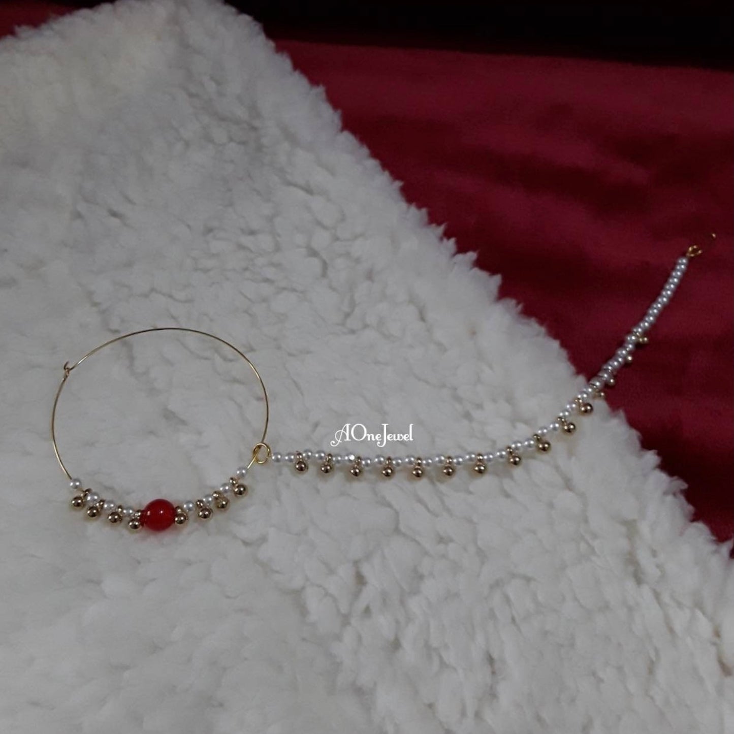 Indian Pearl Nath, Traditional Nose Ring, Pierced Nose Ring, Nose Ring Chain, Red Colour Nathni Jewellery, Nose Hoops, Bridal Nose Ring