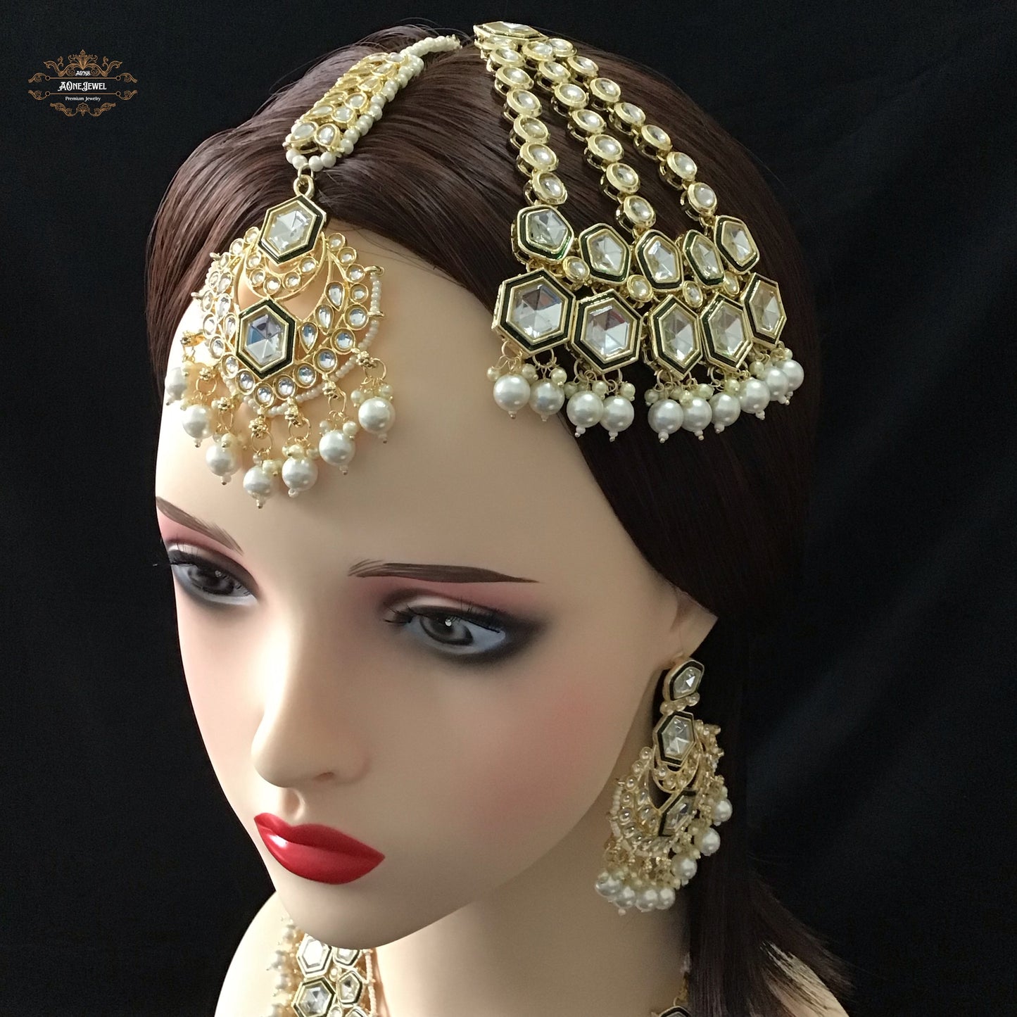 Indian Bridal Ivory Pearls Necklace Earrings Jhoomar Tikka Set