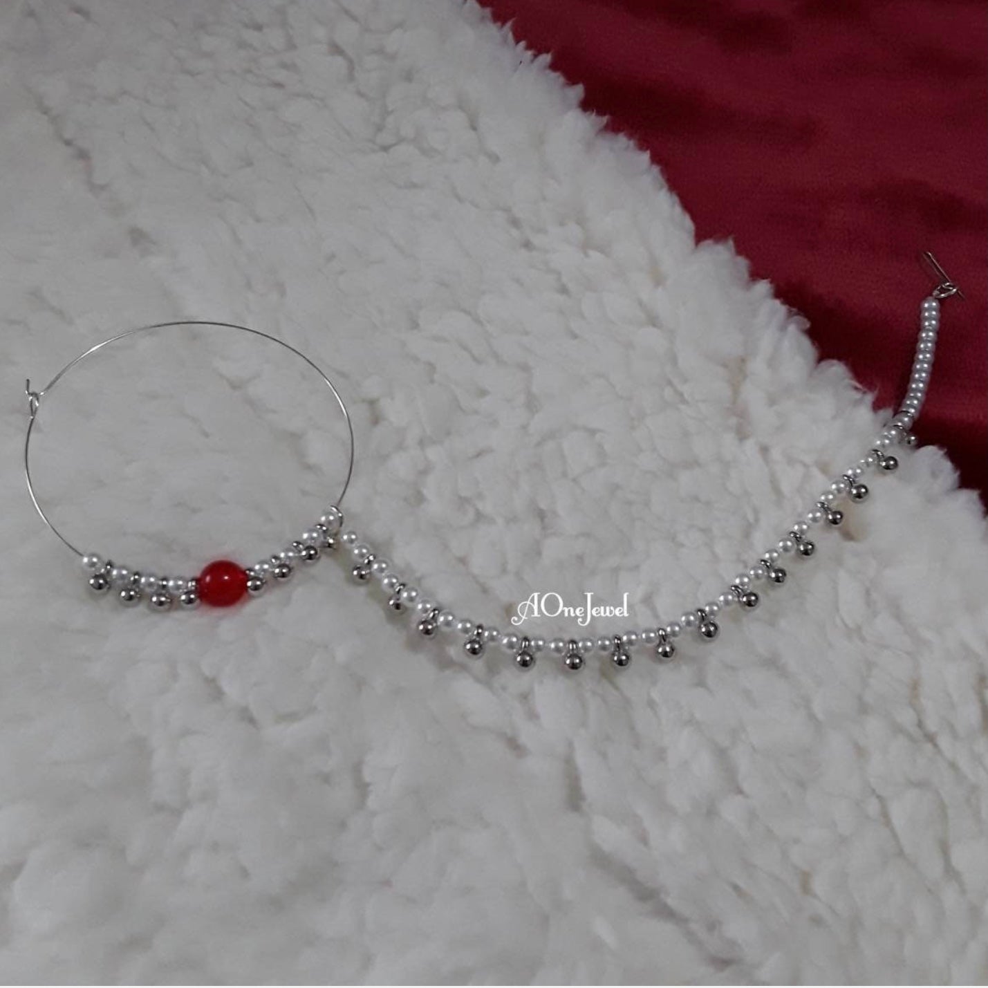 Indian Pearl Nath, Traditional Nose Ring, Pierced Nose Ring, Nose Ring Chain, Red Colour Nathni Jewellery, Nose Hoops, Bridal Nose Ring