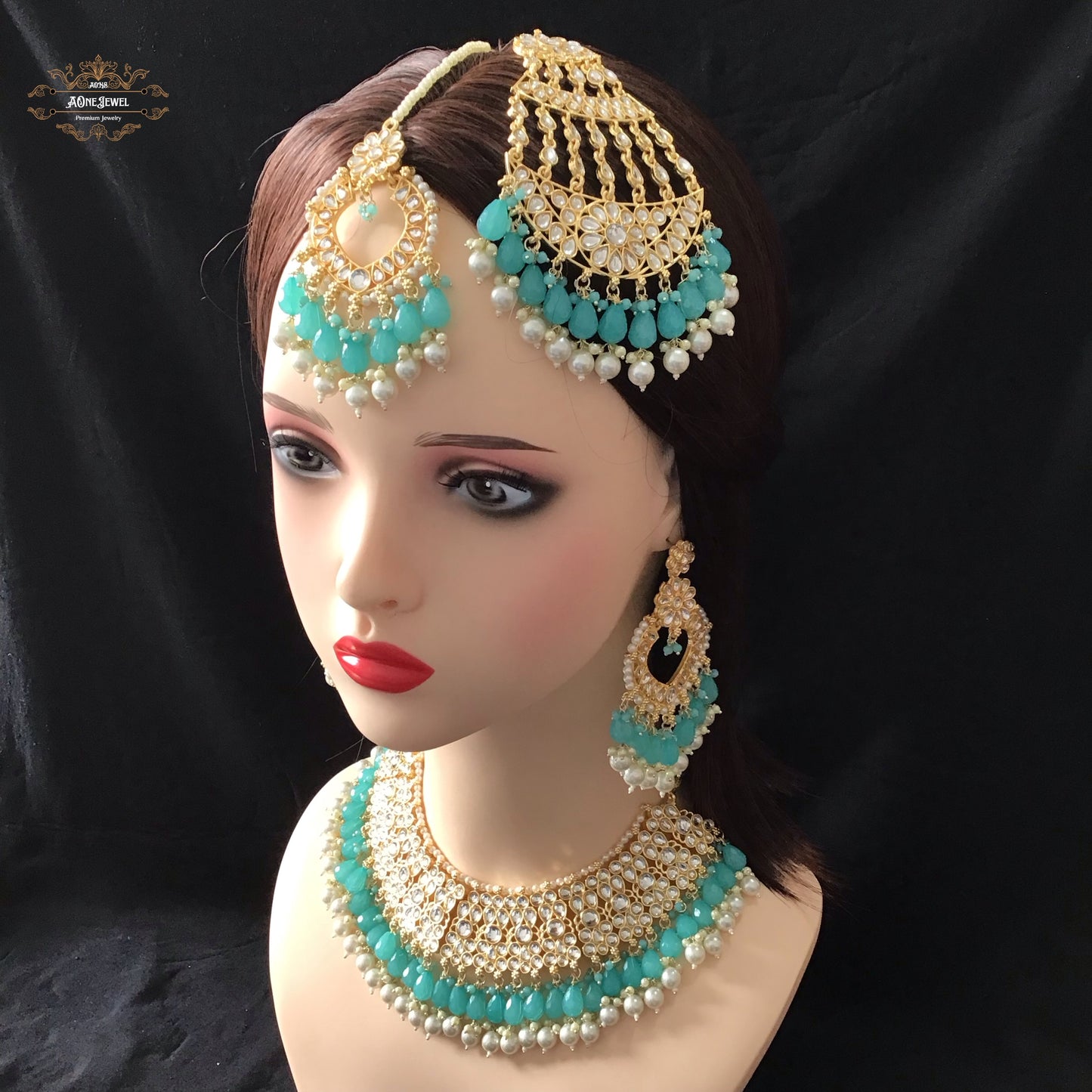 Indian Bridal Baby Blue Necklace Earrings Jhoomar Tikka Set