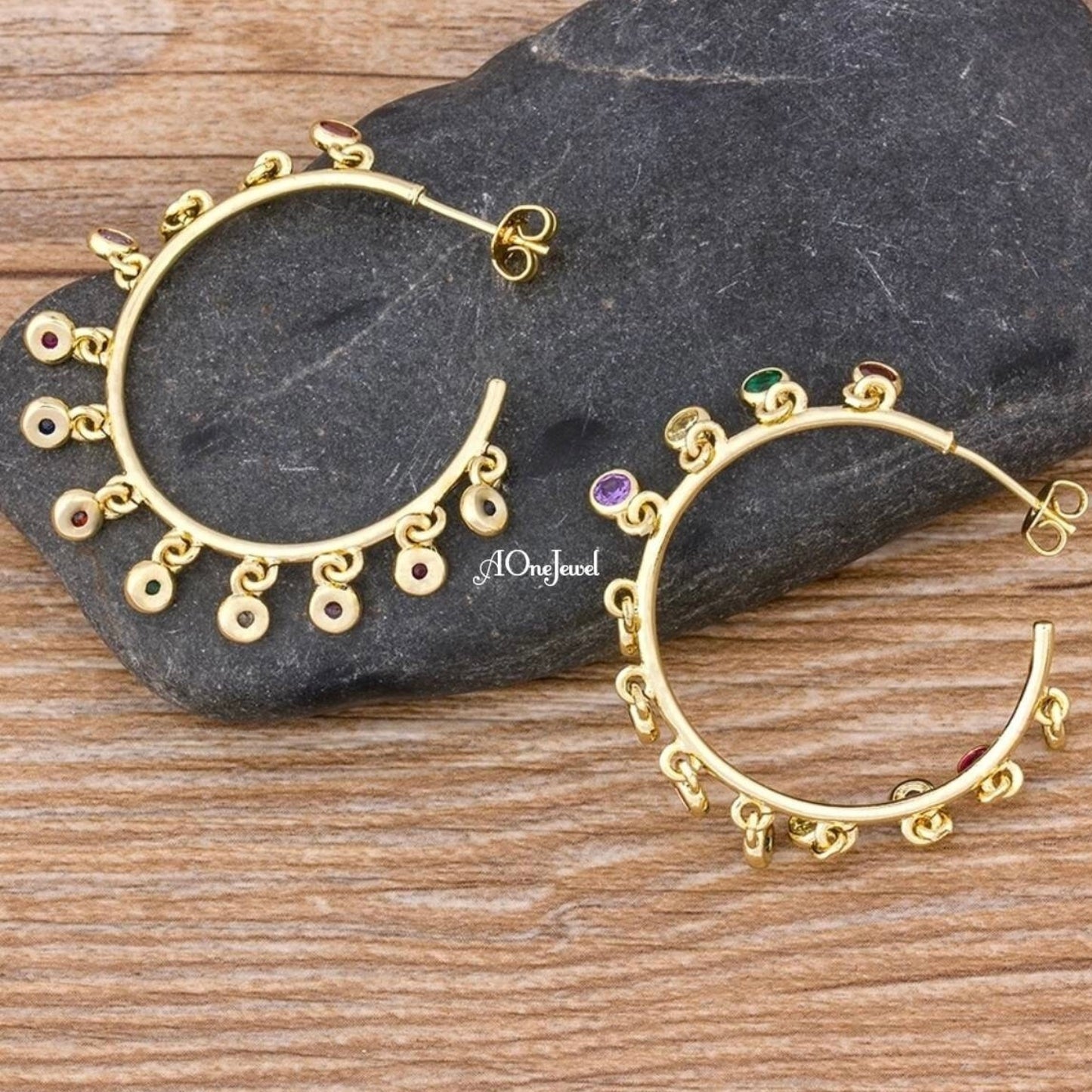18K Gold Plated Rainbow CZ Hoop Earrings