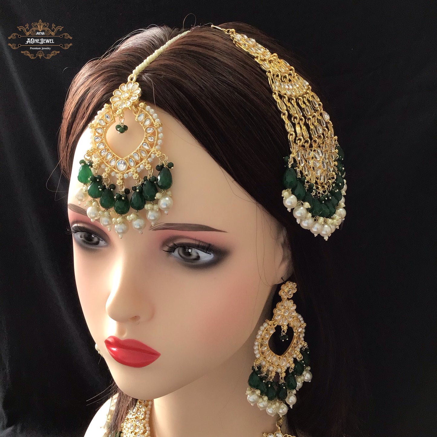 Indian Bridal Green Necklace Earrings Jhoomar Tikka Set