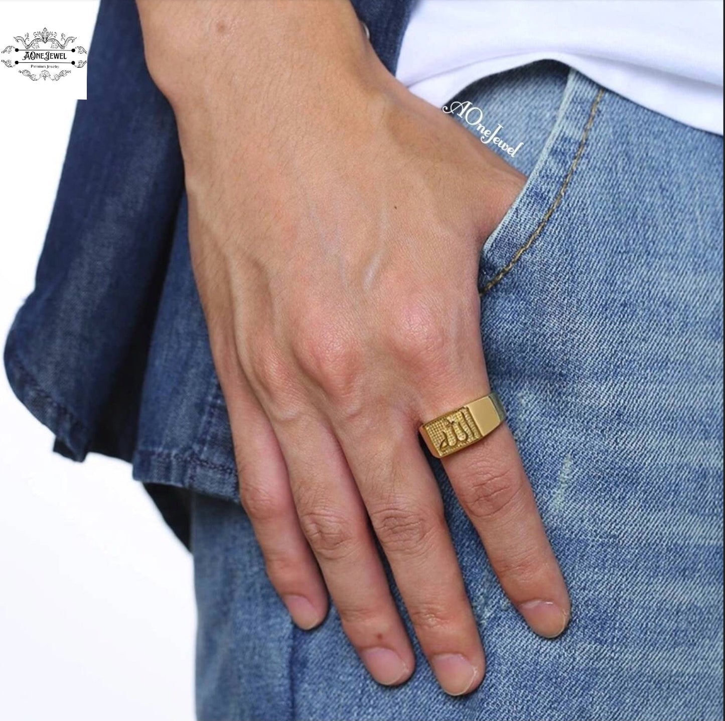 Gold Plated Islamic Jewellery Allah اللہ Men Ring