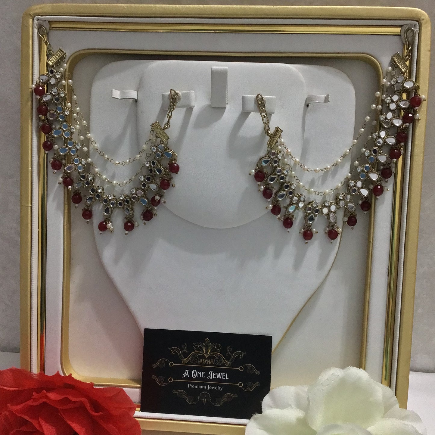 Antique Gold Kundan Mirror Maroon Pearl Ear Chain