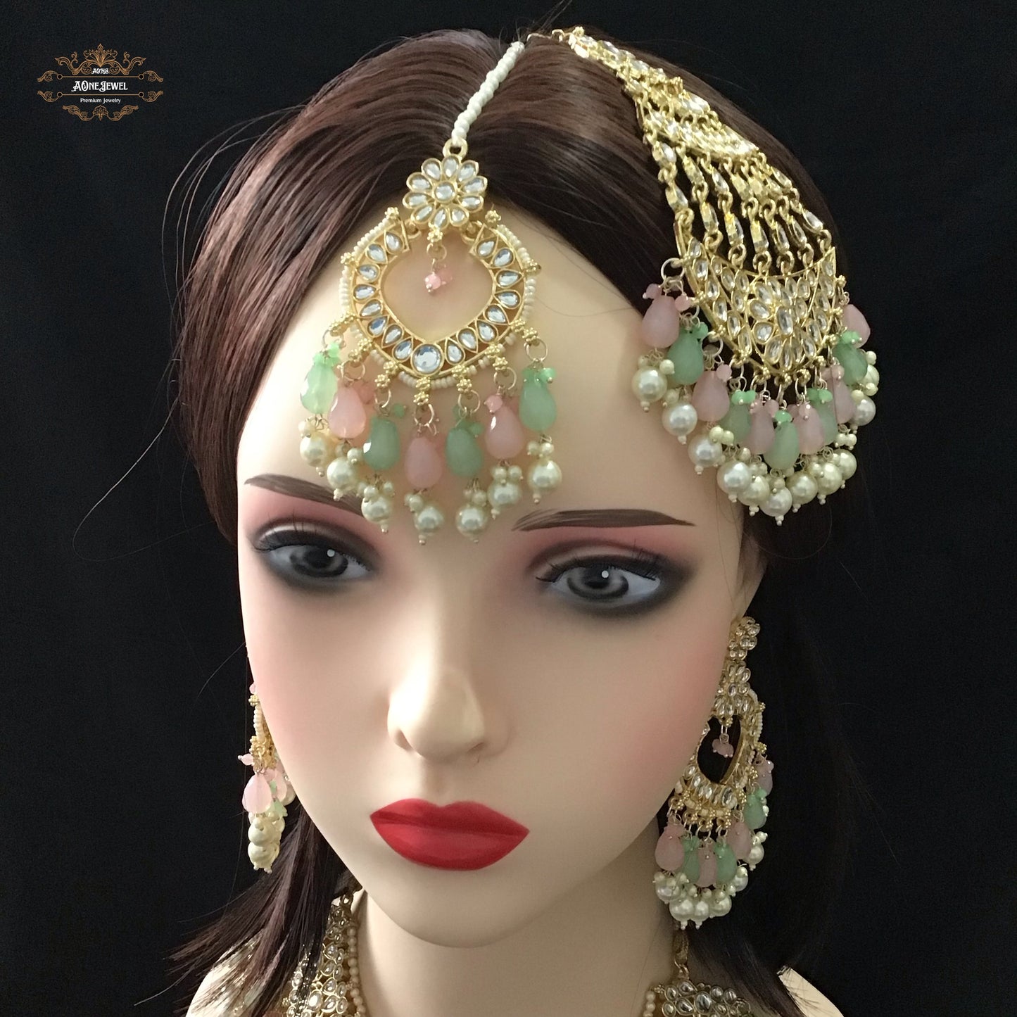 Indian Bridal Pastel Green Pink Necklace Earrings Jhoomar/Passa Tikka Set