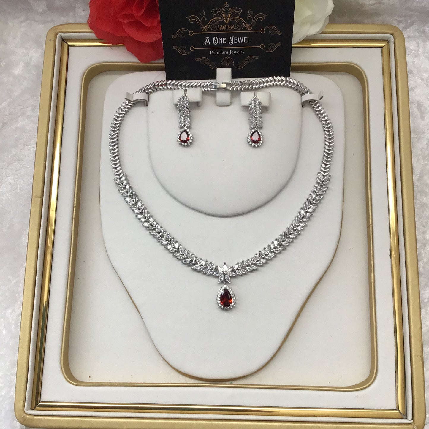 Exclusive Bridal Red CZ Diamond Cubic Zirconia Necklace Jewellery Set