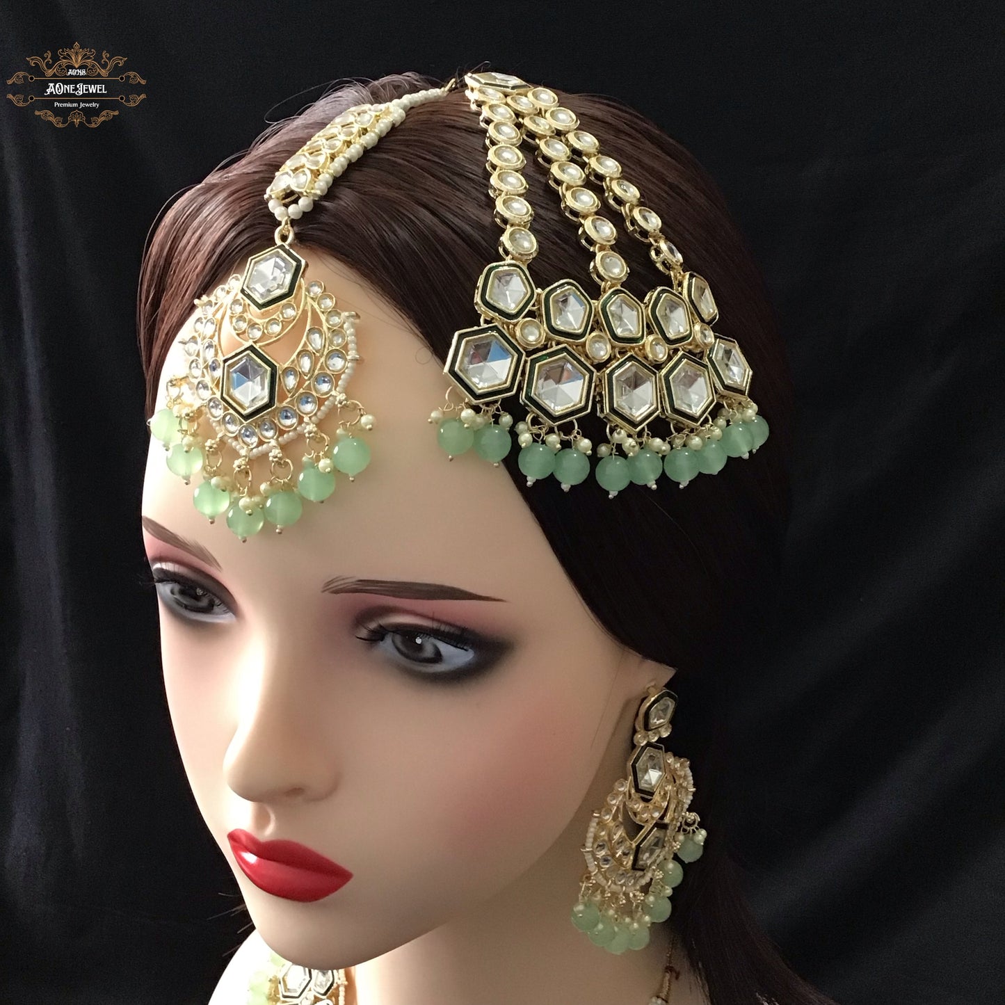 Indian Bridal Pastel Green Necklace Earrings Jhoomar Tikka Set