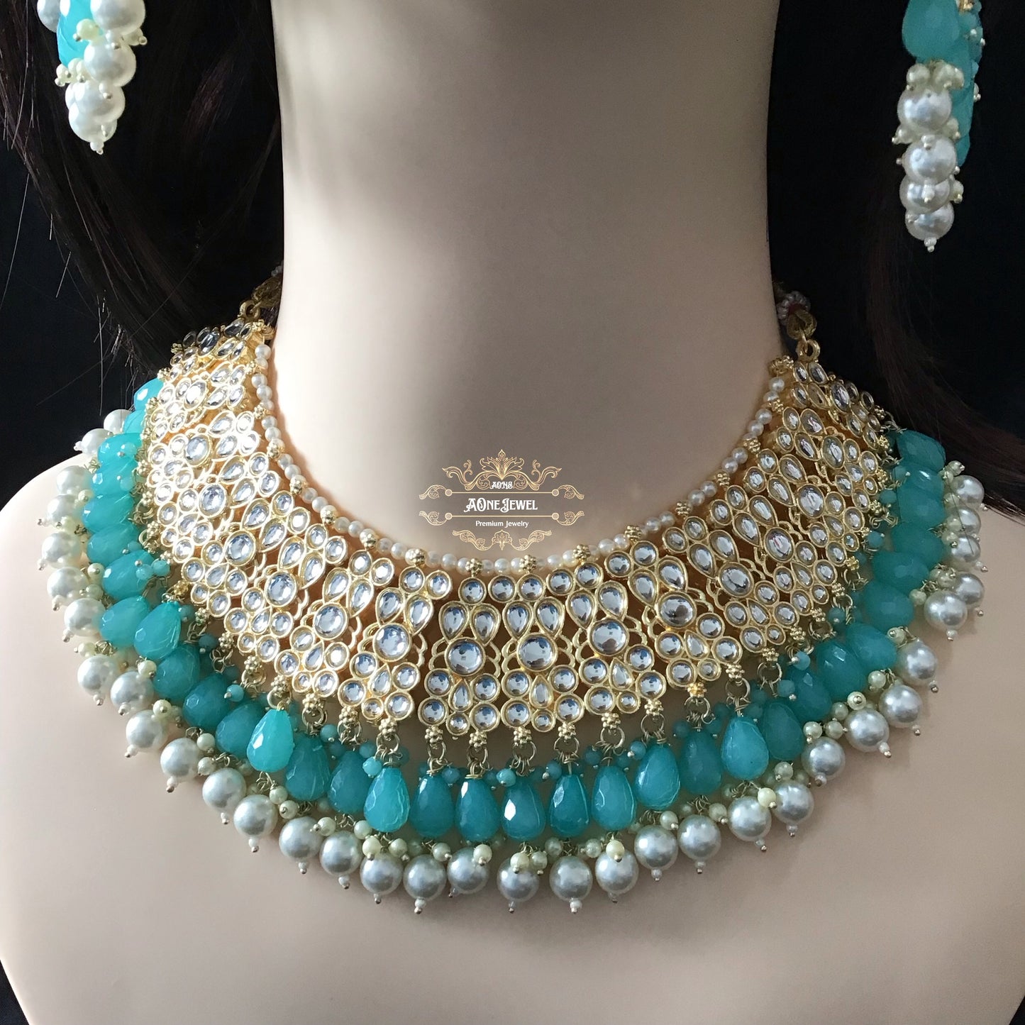 Indian Bridal Baby Blue Necklace Earrings Jhoomar Tikka Set