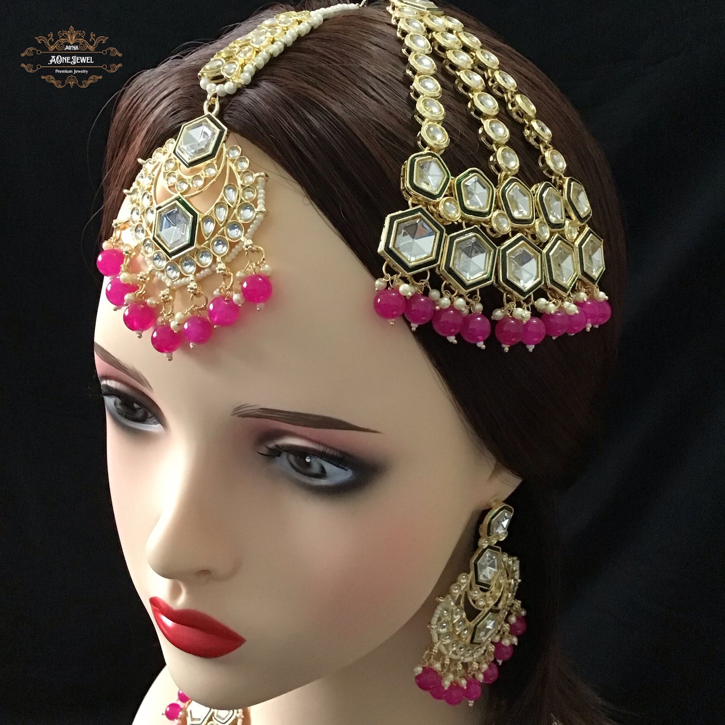Indian Bridal Pink Necklace Earrings Jhoomar Tikka Set